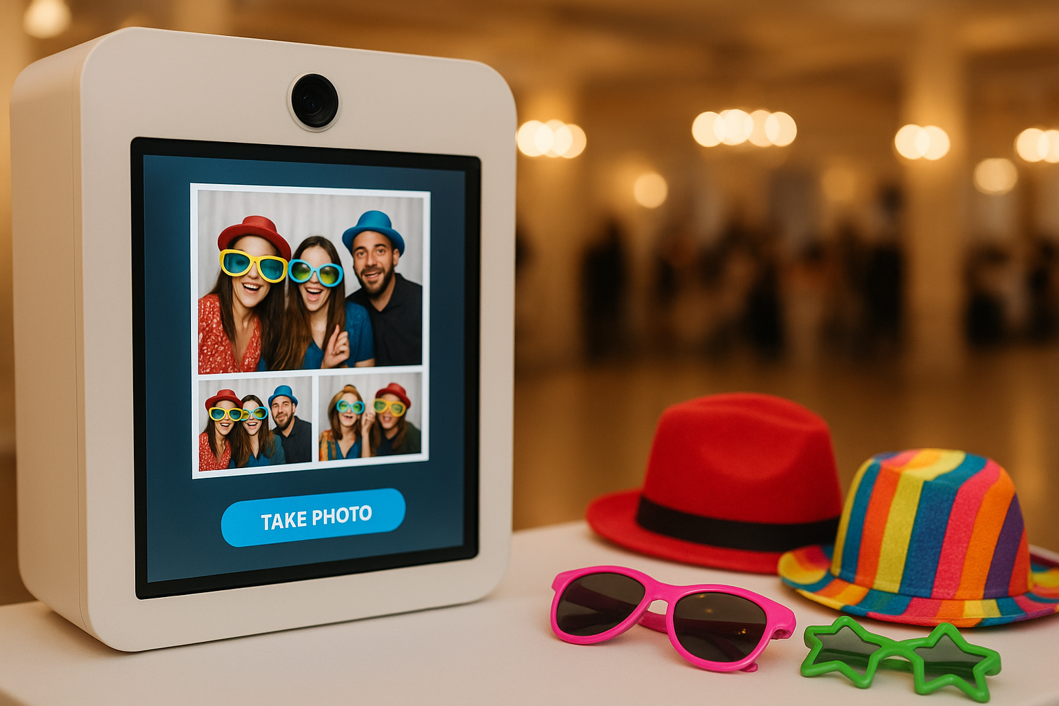 Digital photo booth touchscreen and props table set up for a Kentucky event