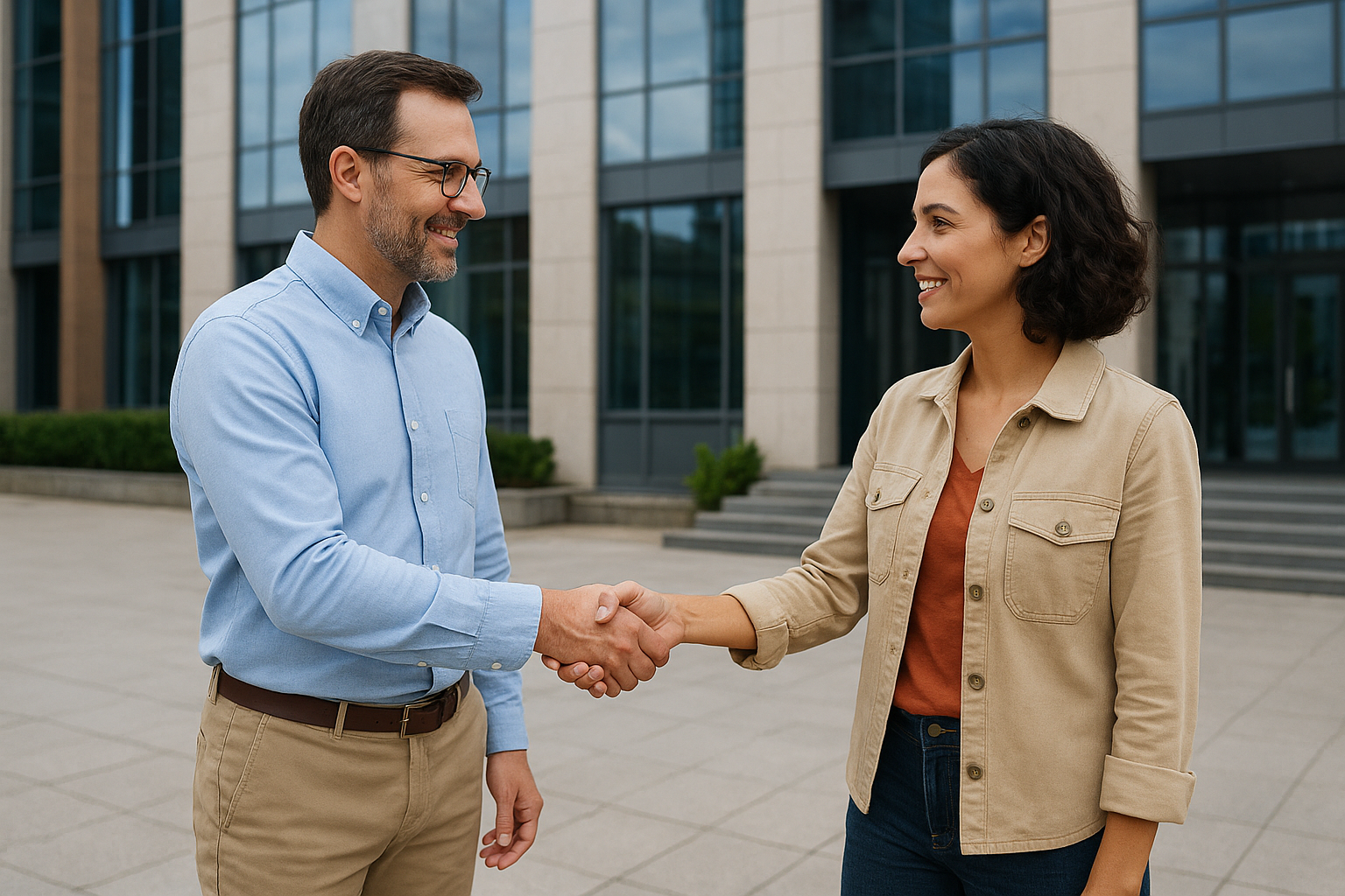 Lender and small business owner shaking hands near a commercial property used as loan collateral