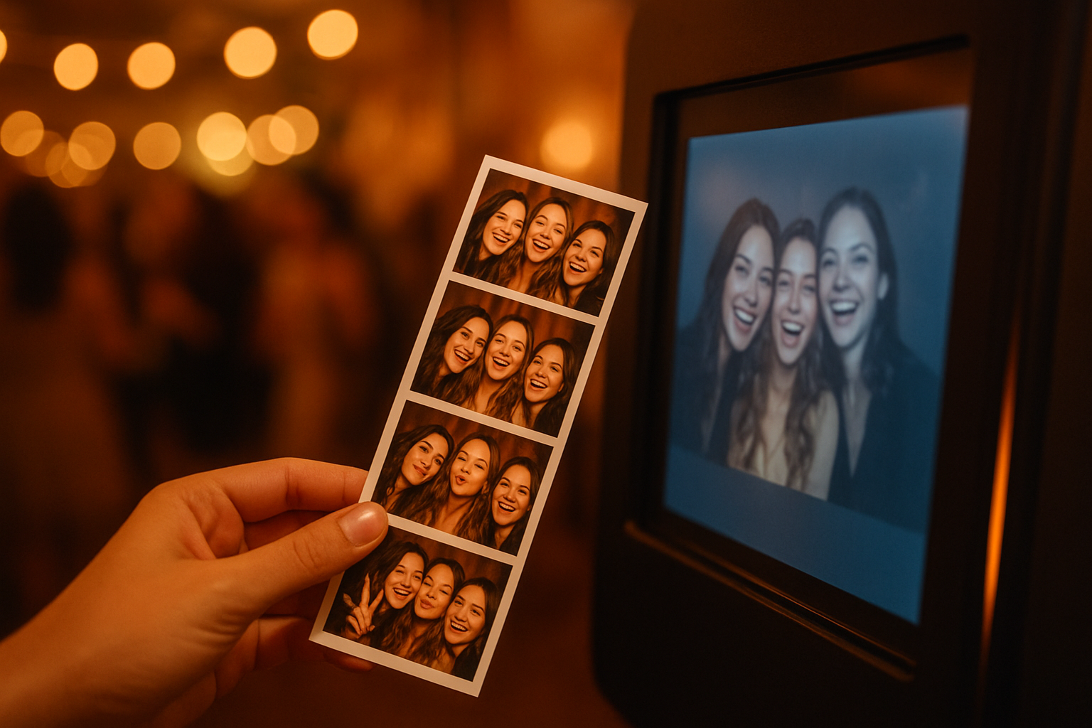 Guest holding a freshly printed photo strip from a photo booth rental at an Indiana event