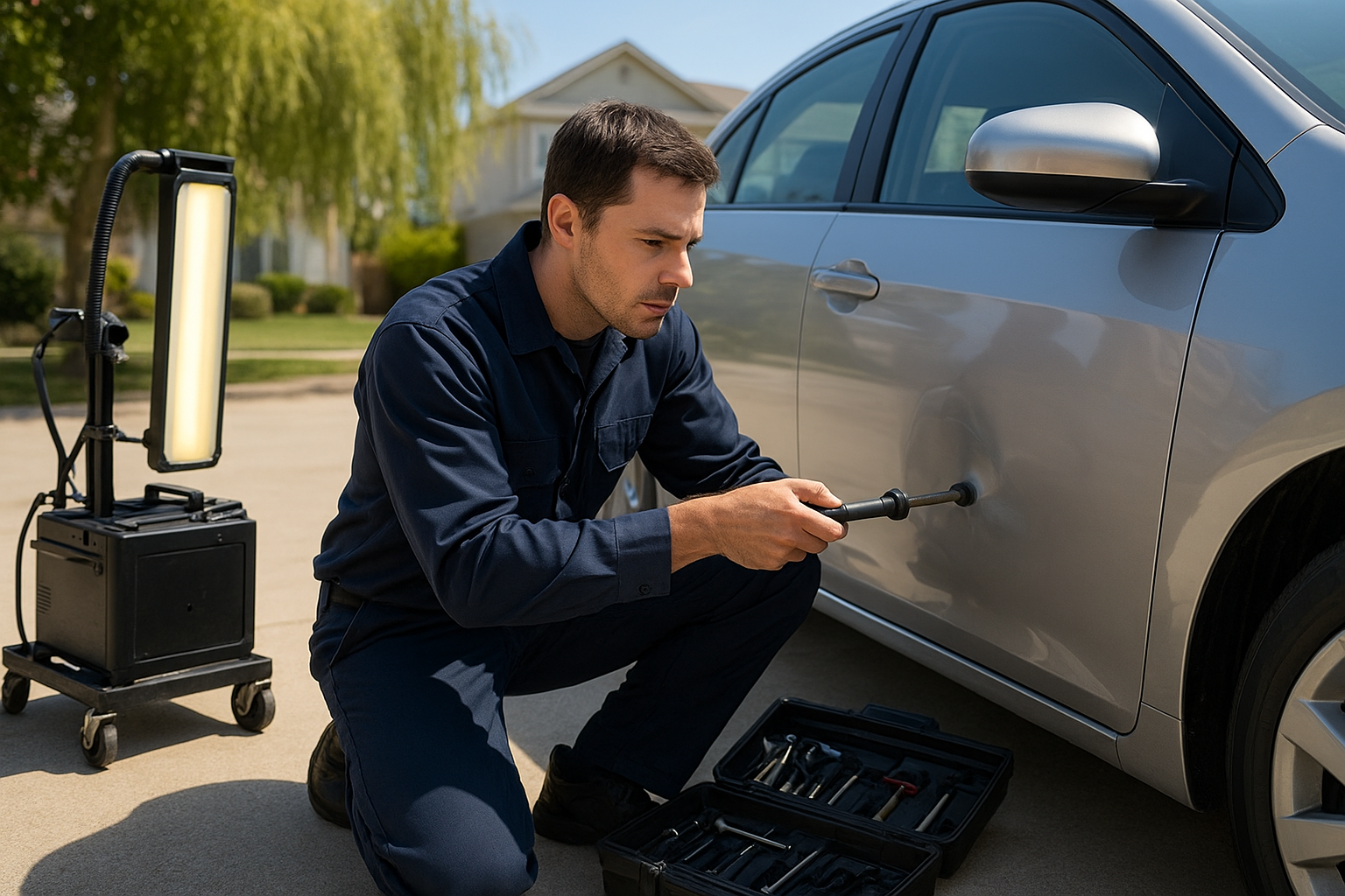 Mobile auto body repair technician removing a dent from a silver car door in a residential driveway