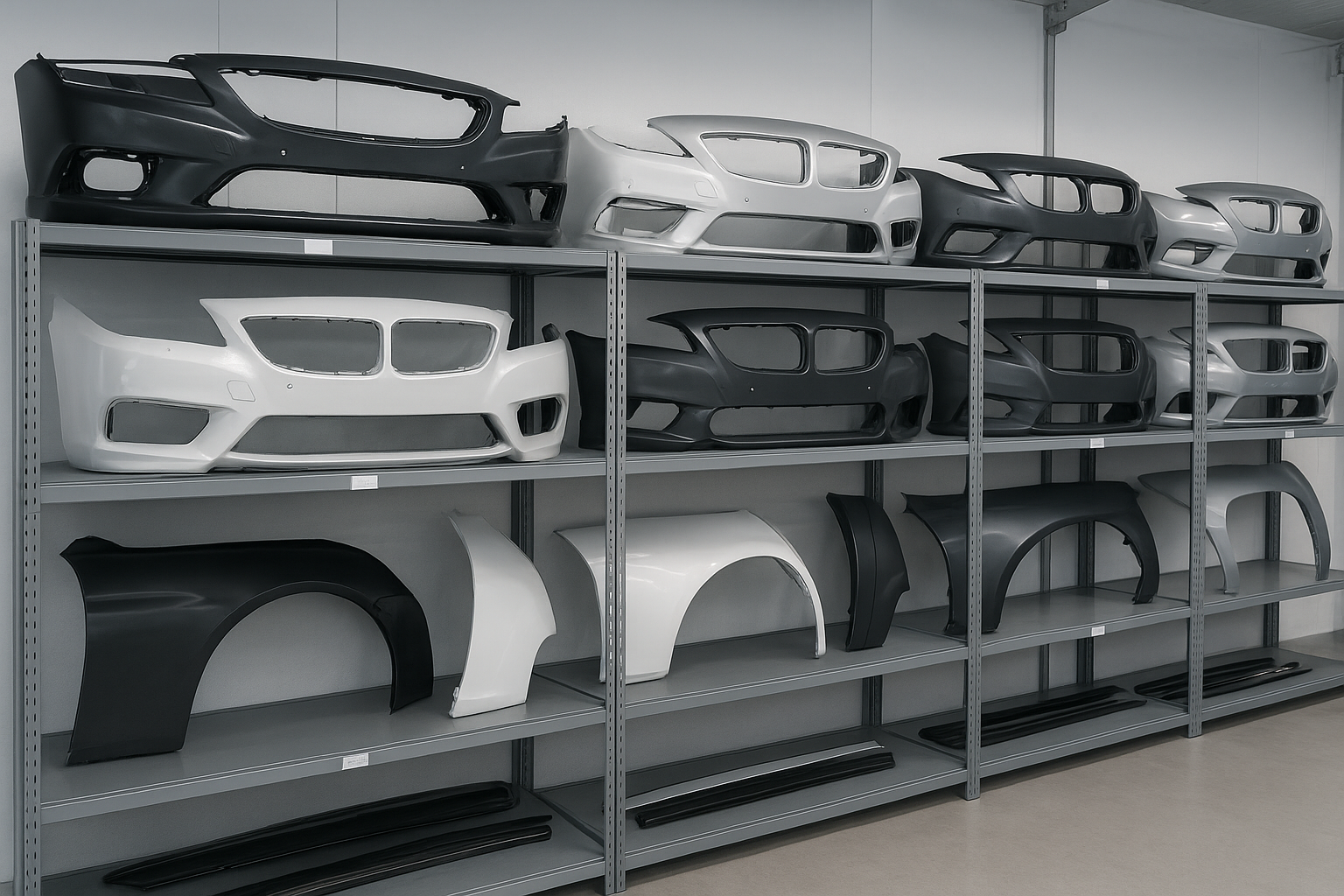 OEM auto body parts for European and Asian import vehicles stored in a professional shop