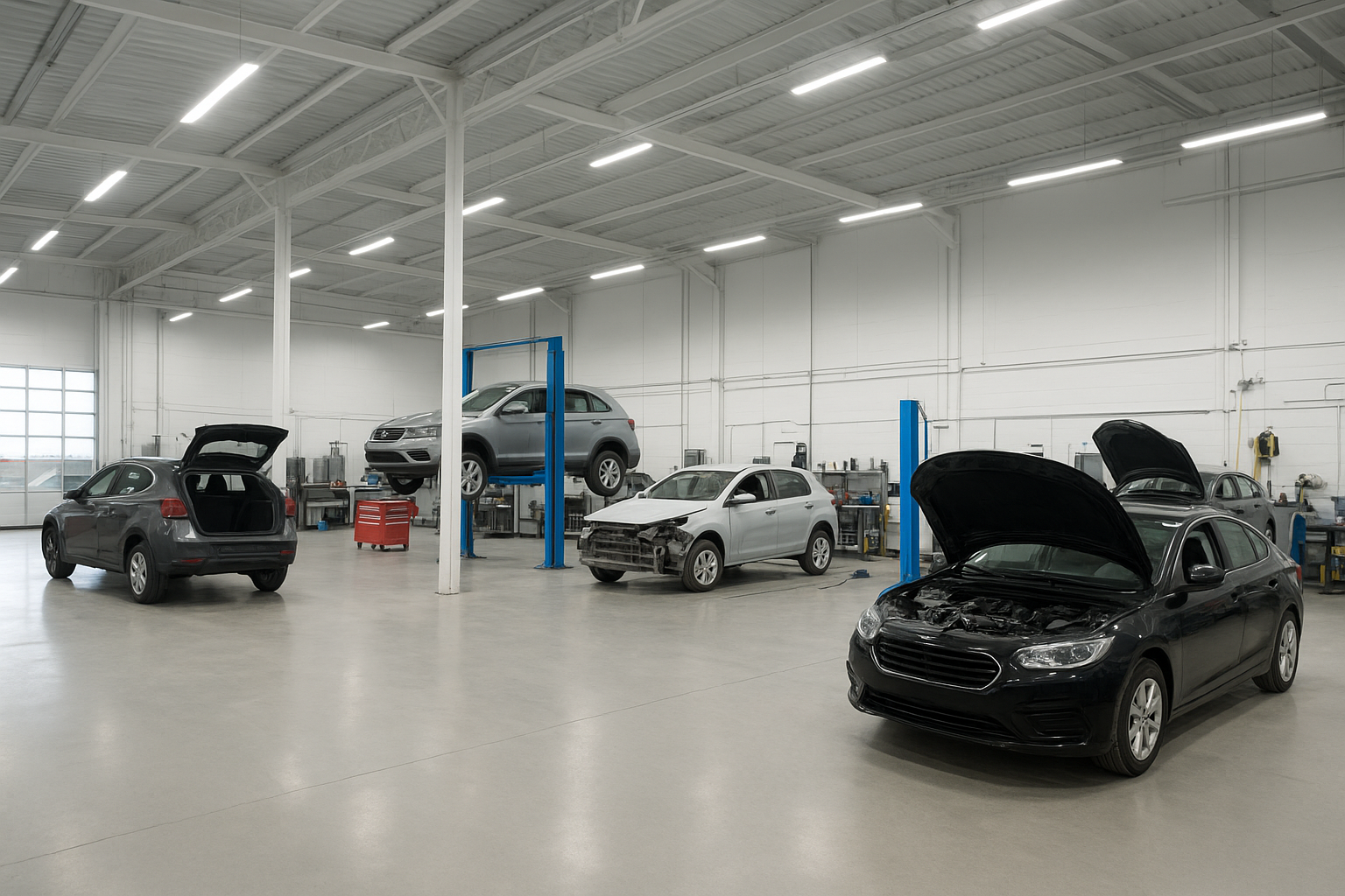 auto body shop interior with vehicles undergoing collision repair