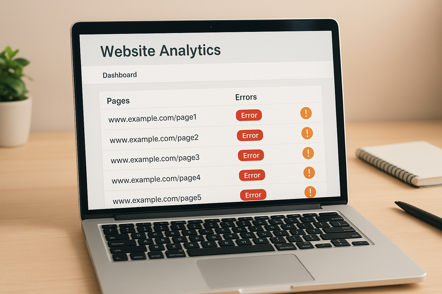 Website dashboard showing how to check for bad links with error codes highlighted
