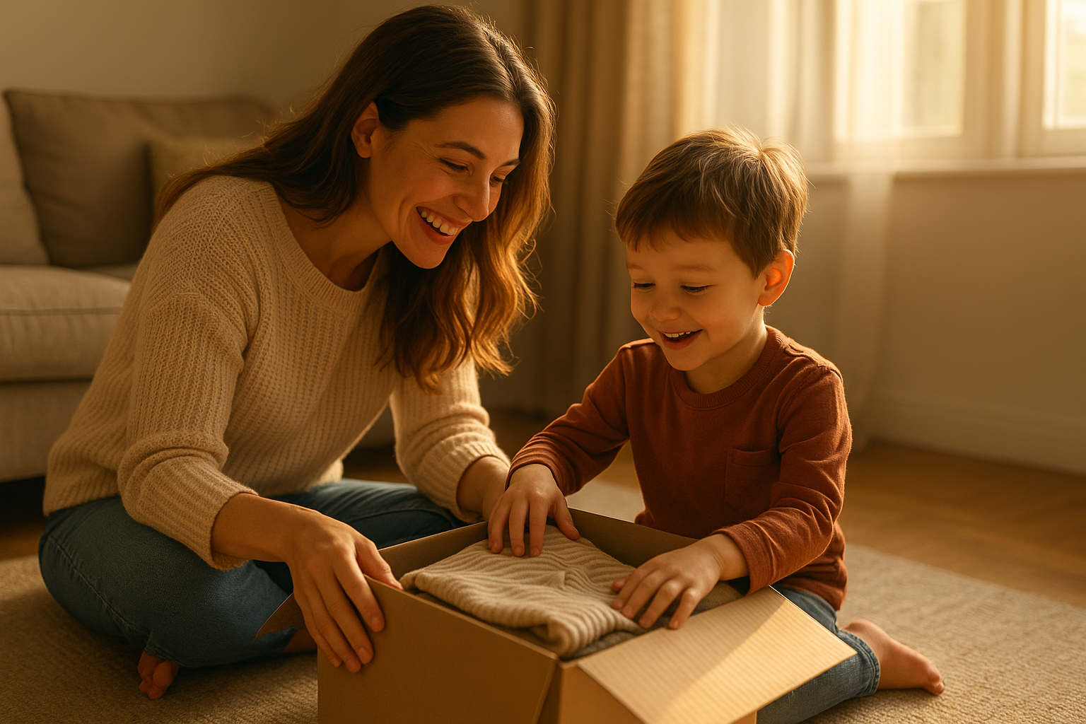Parent and child opening a kids clothing subscription delivery box together at home