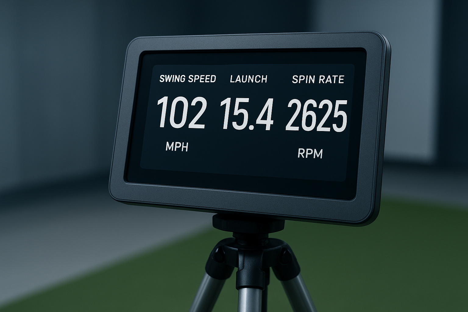 Launch monitor displaying swing speed and clubhead data used in golf performance evaluation