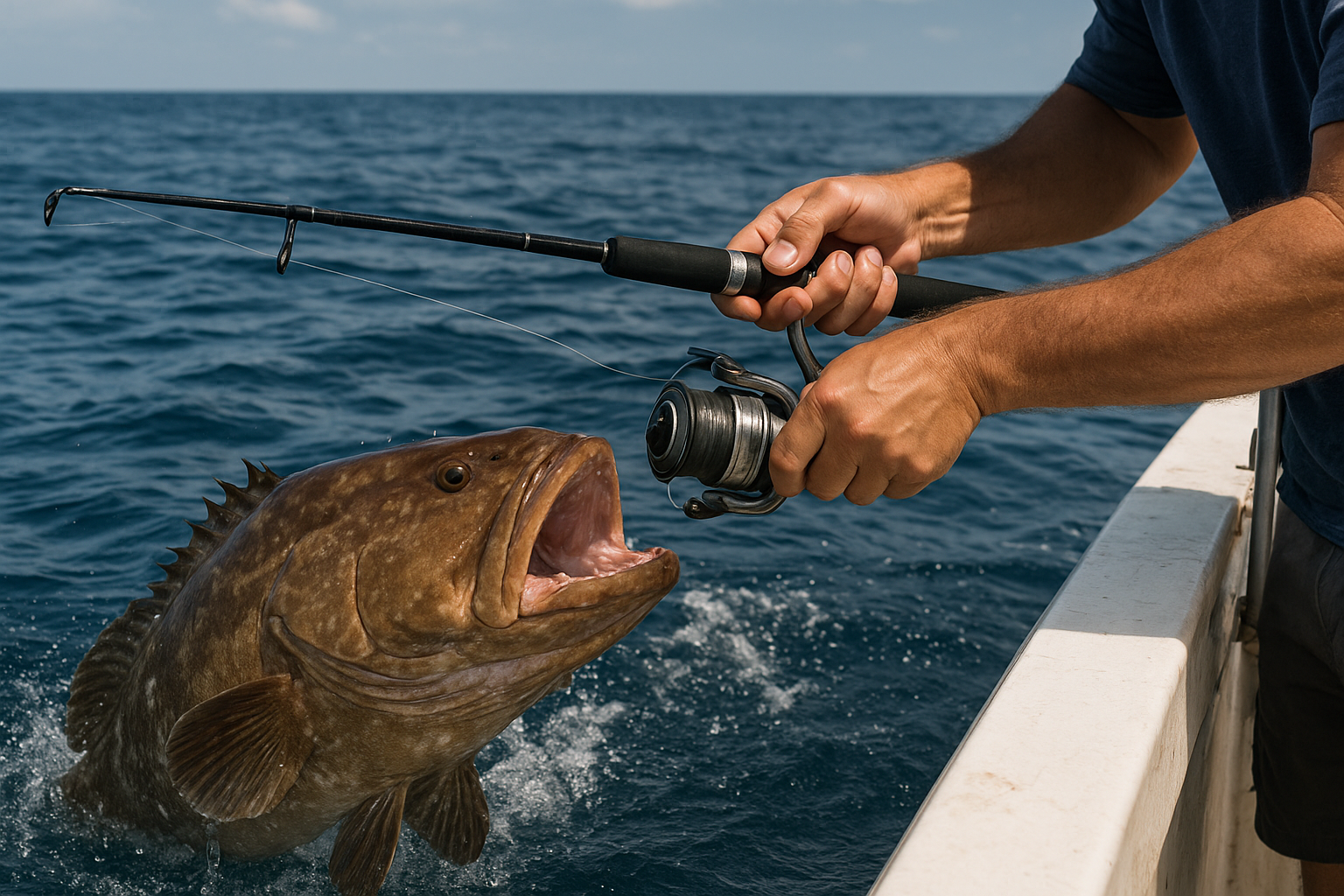Angler reeling in a grouper during an offshore wreck fishing trip near Myrtle Beach