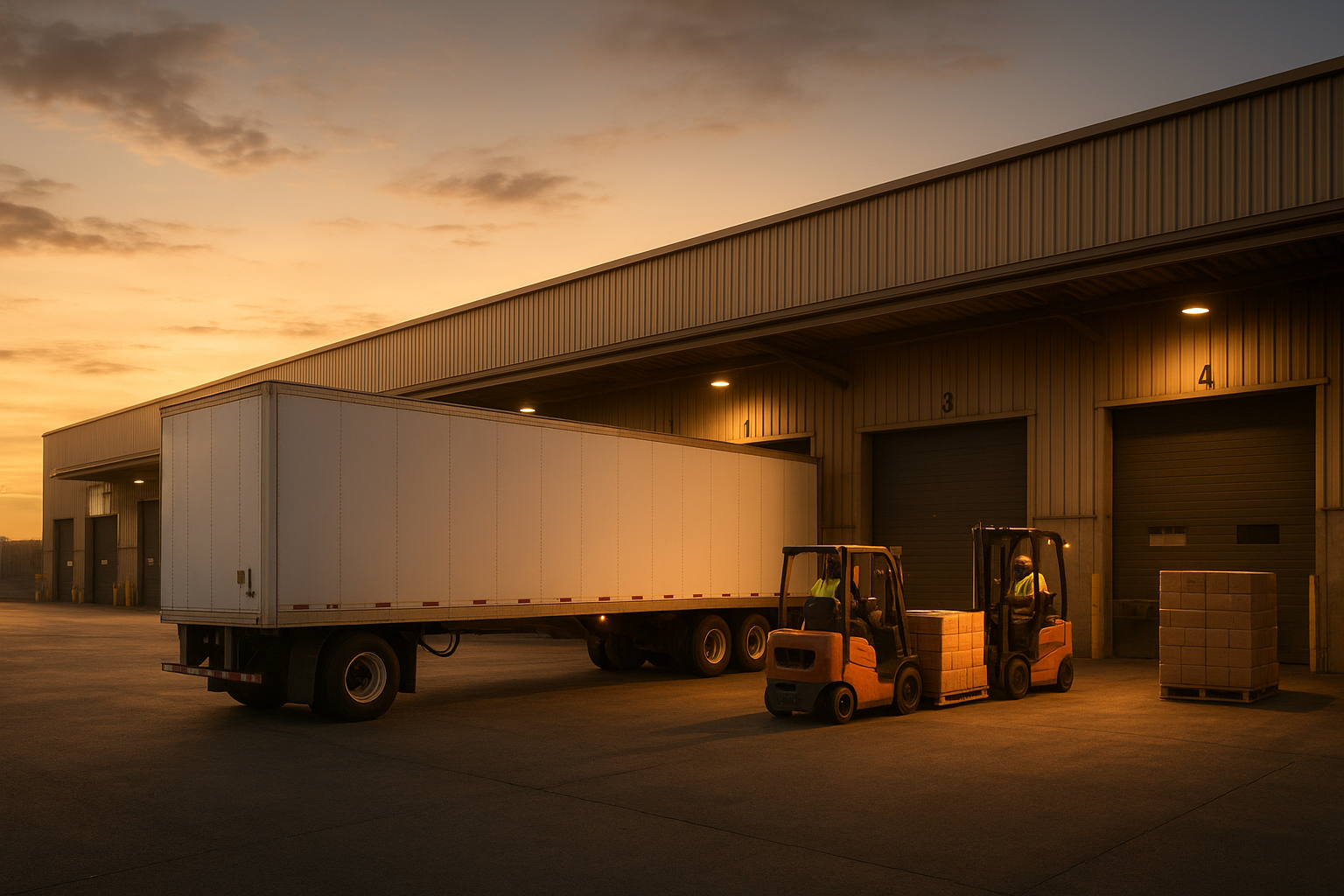 Semi-truck trailer being loaded at a warehouse dock as part of amazon shipping logistics