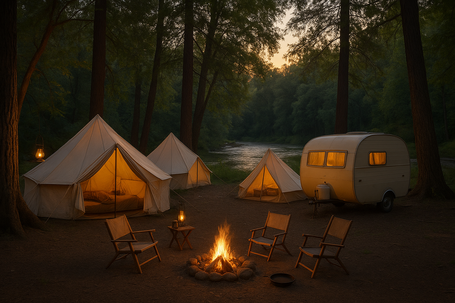 Tent and RV campsites nestled along the riverbank at a Tennessee campground