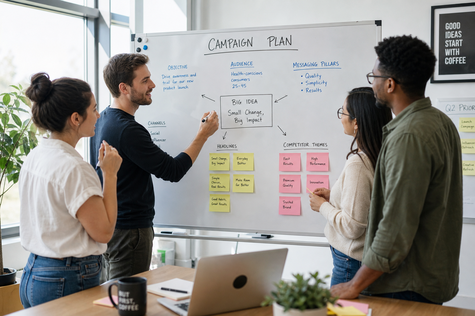 Marketing team mapping out roofing marketing ideas on a whiteboard using competitor review themes