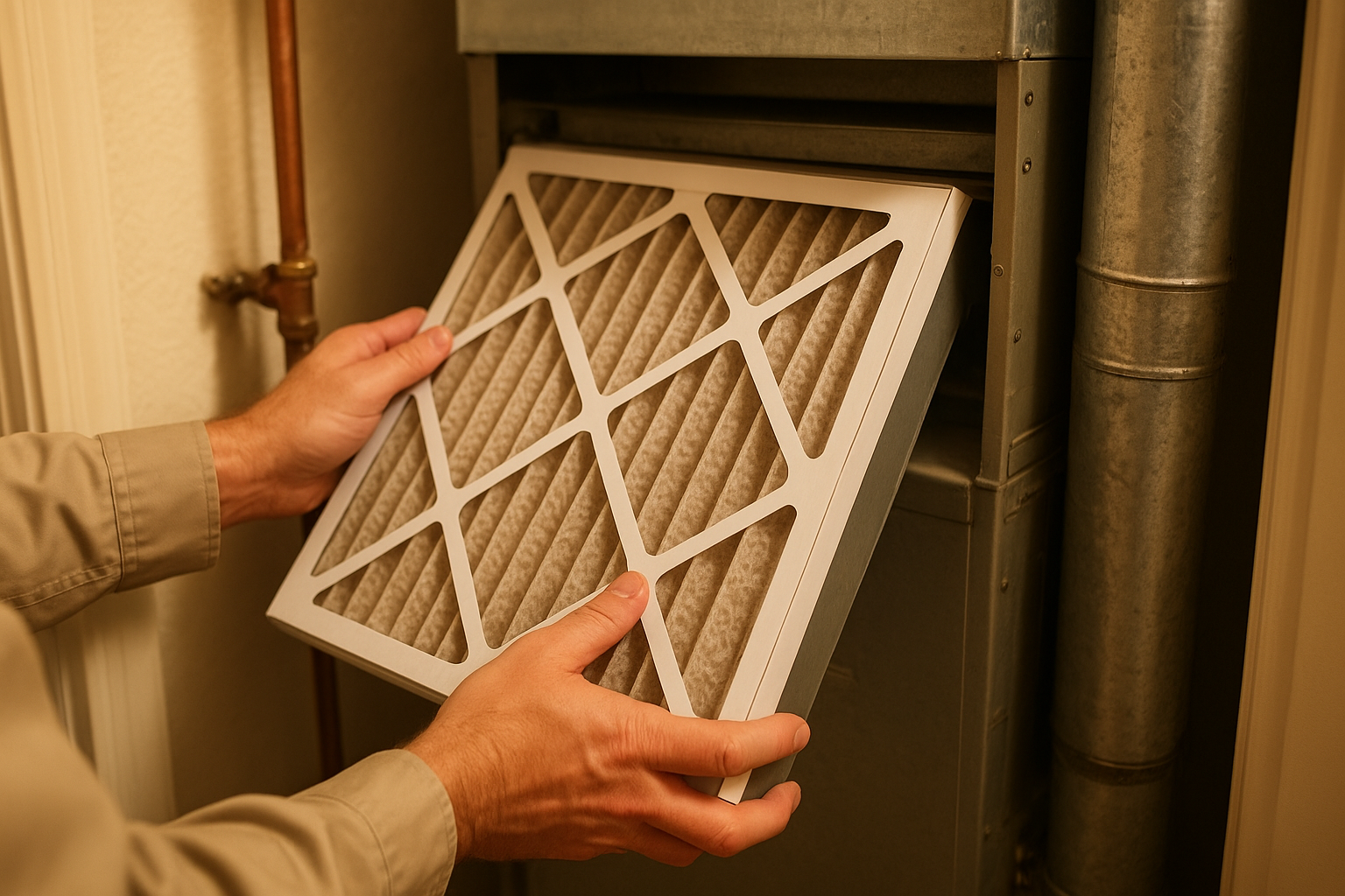 Inspector checking furnace filter and ductwork inside home utility closet