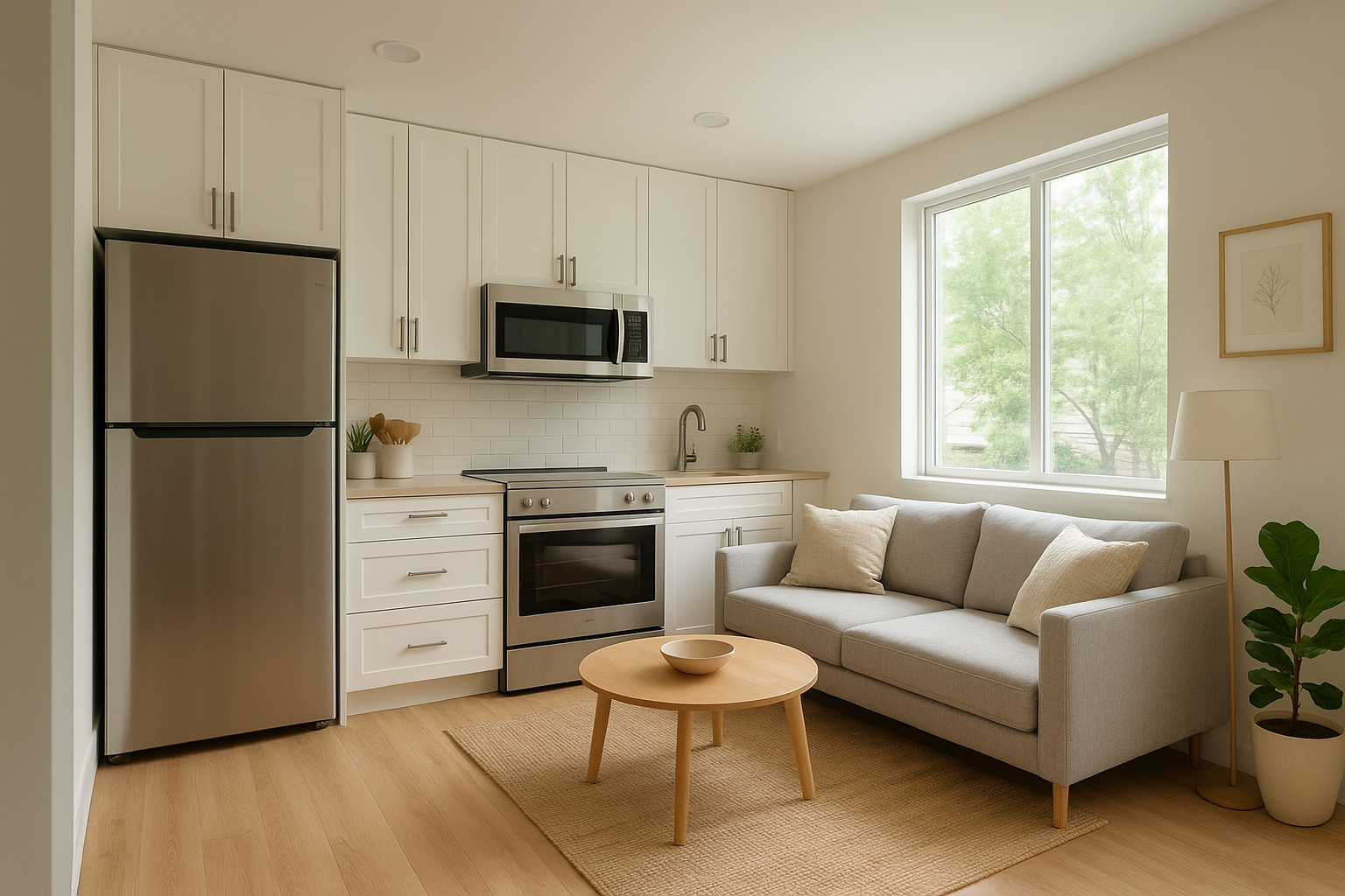 Interior of a finished accessory dwelling unit showing modern kitchen and living space with natural light and quality finishes