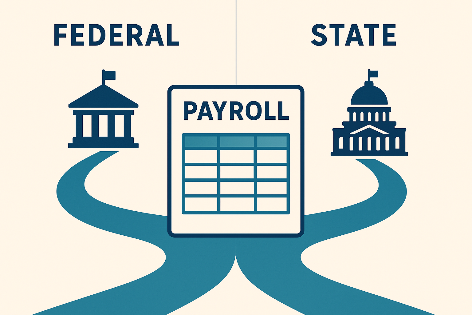 Diagram showing federal and Minnesota state payroll tax paths feeding into one payroll ledger