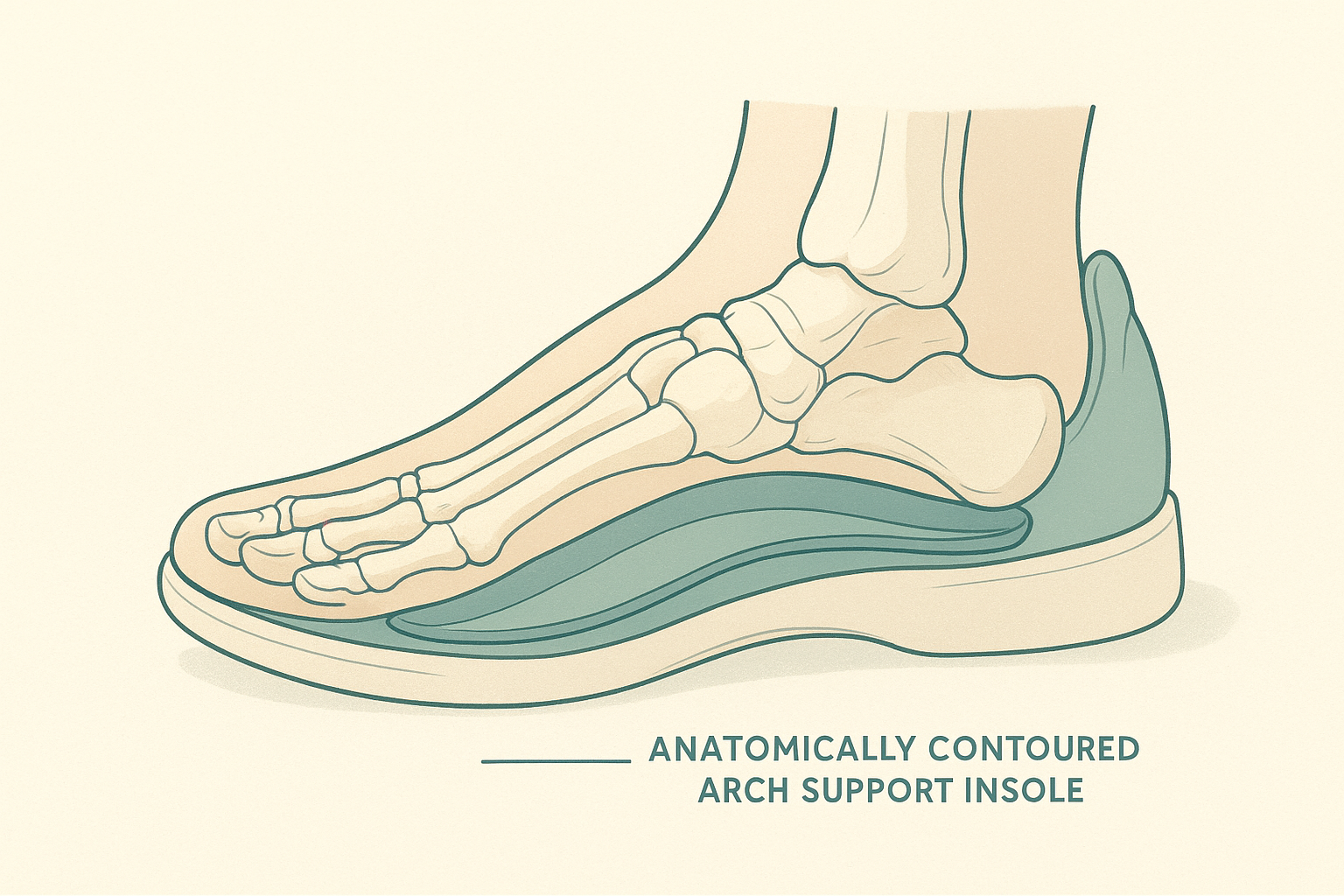 Diagram showing how insoles for arch support fit beneath the foot inside a shoe