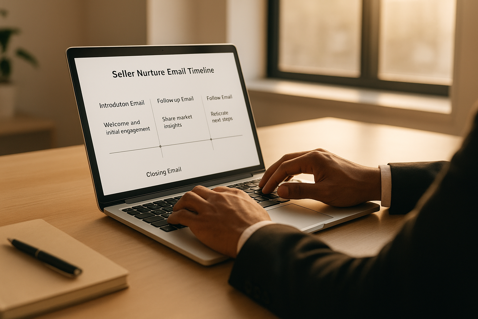 Real estate agent reviewing automated seller nurture emails inside a listing software dashboard