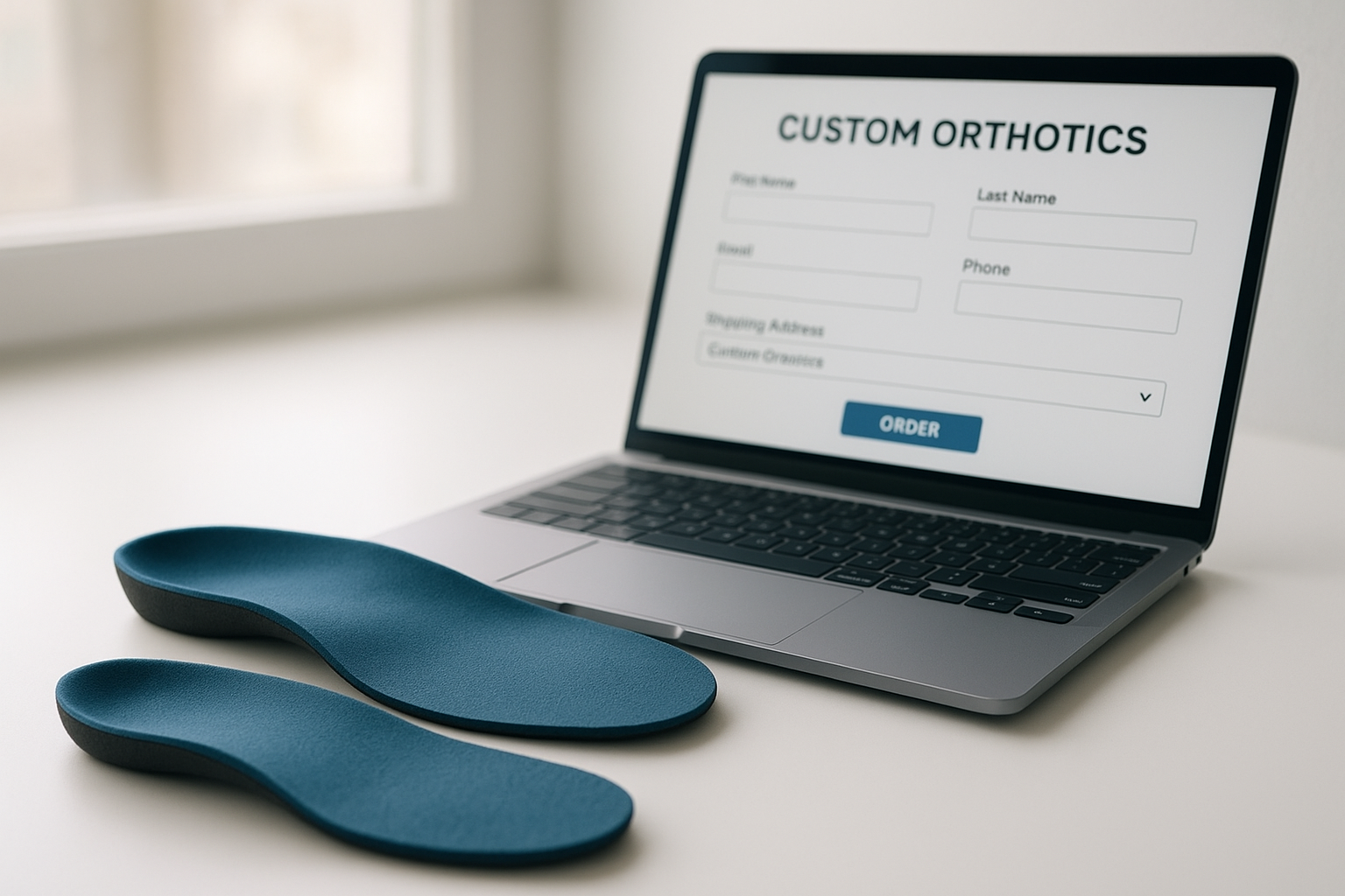 Affordable orthotics online displayed next to a laptop showing an ordering platform