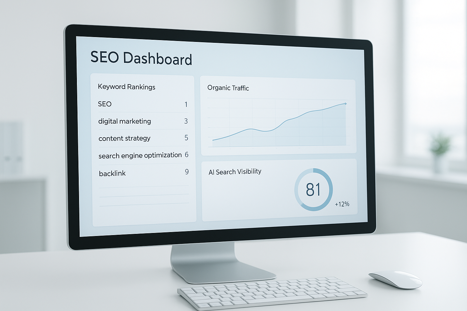 Search optimization platform dashboard displaying keyword rankings and AI search visibility metrics