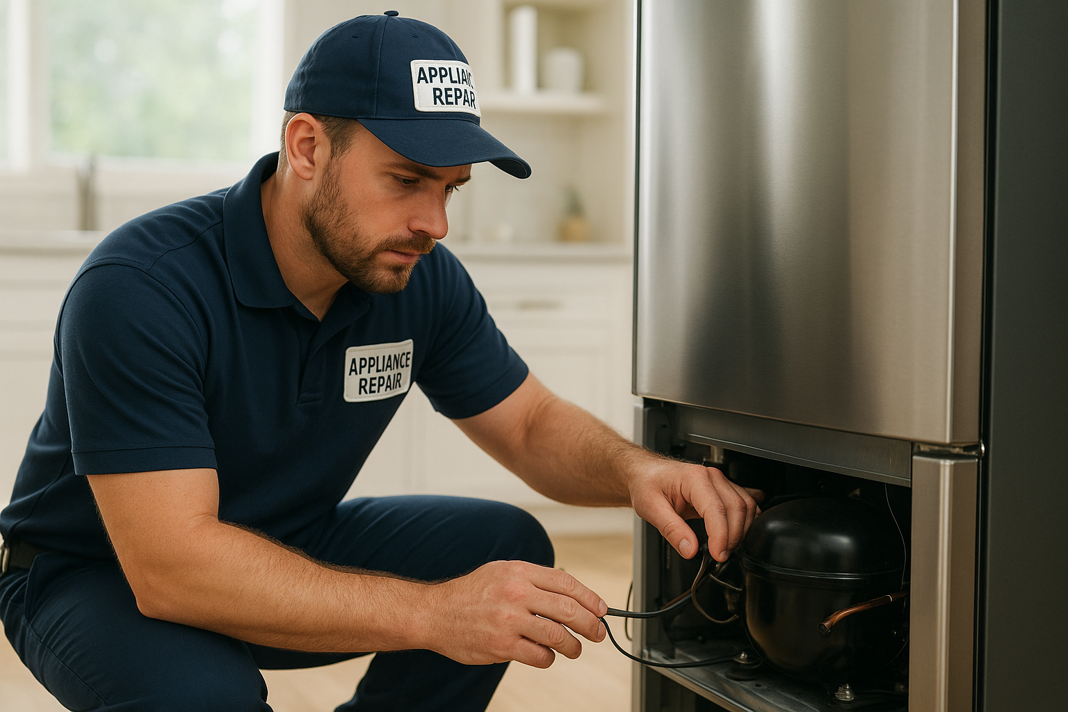 Licensed appliance repair services technician inspecting a refrigerator compressor