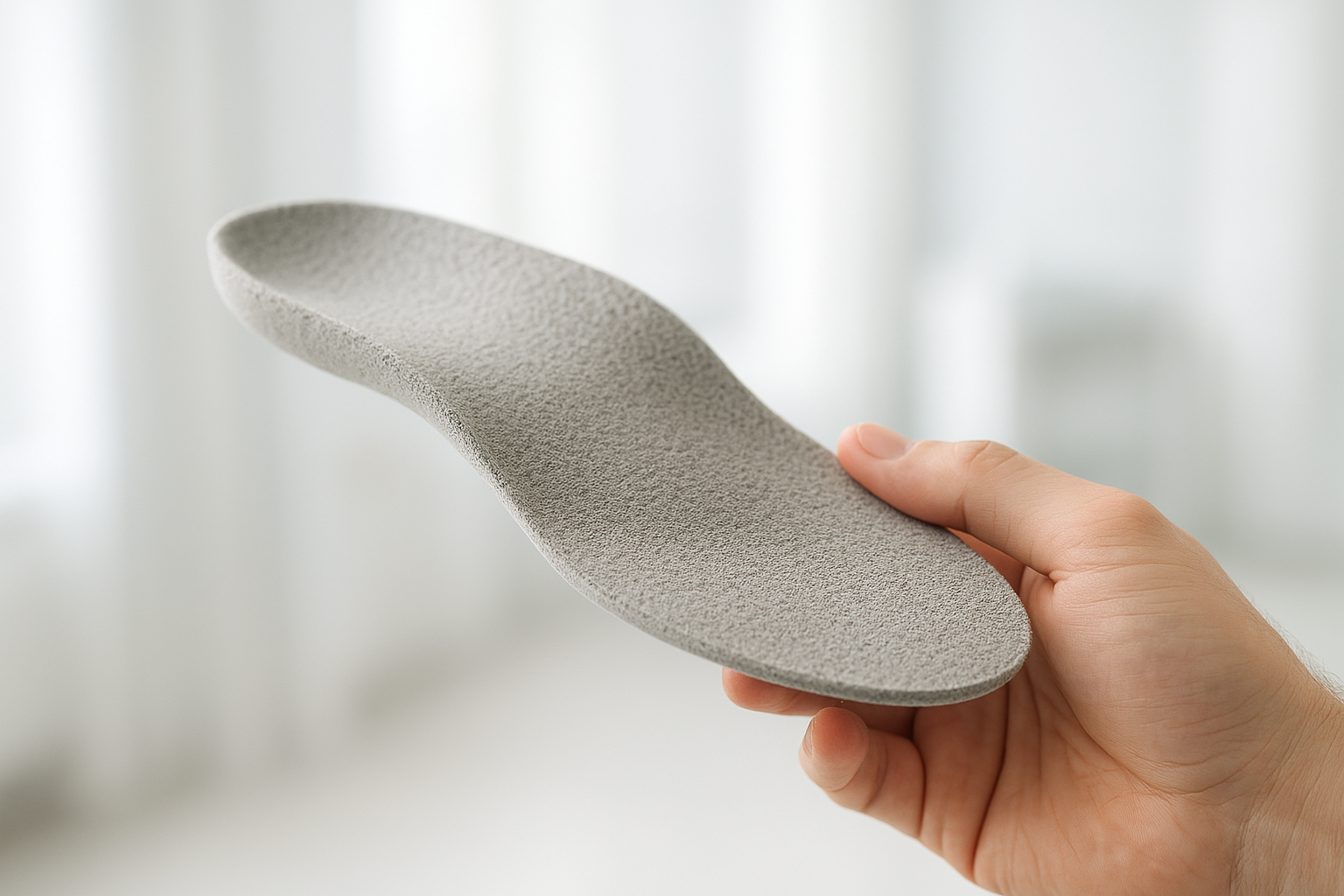 Close-up of a hand-fabricated custom orthotic insole used for personalized foot pain relief
