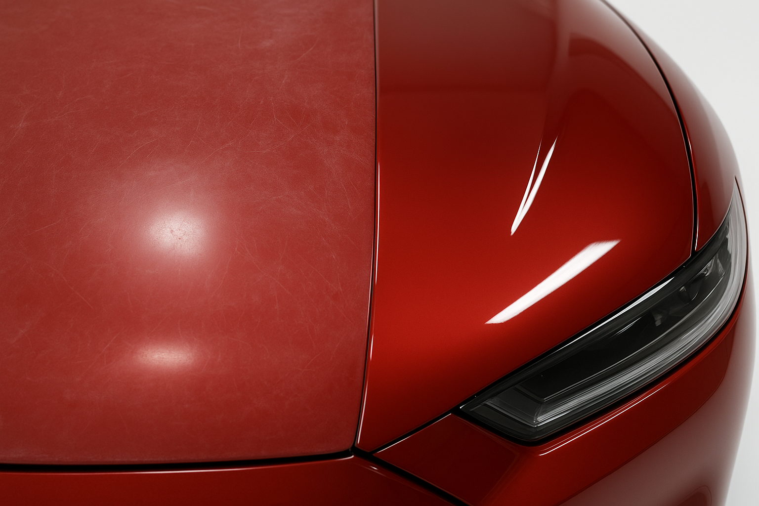 Vehicle paint restoration Brea before and after comparison on a red car hood showing oxidation removal