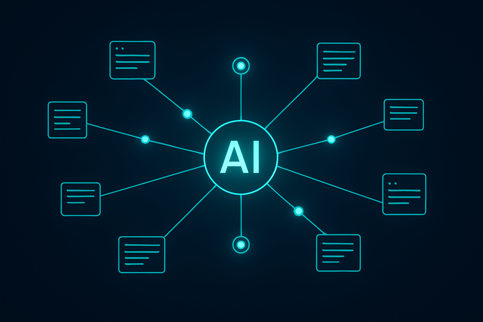Network diagram showing a 1-click SEO automation tool connecting website pages through AI