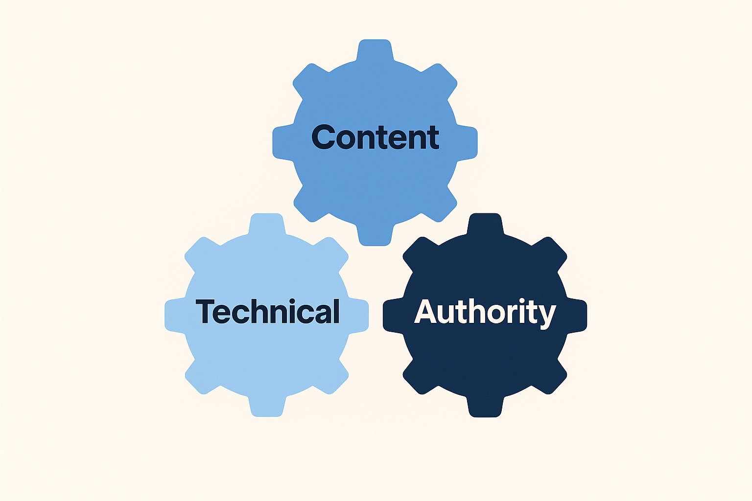 Three pillars of SEO quality represented as interconnected gears: content, technical, and authority