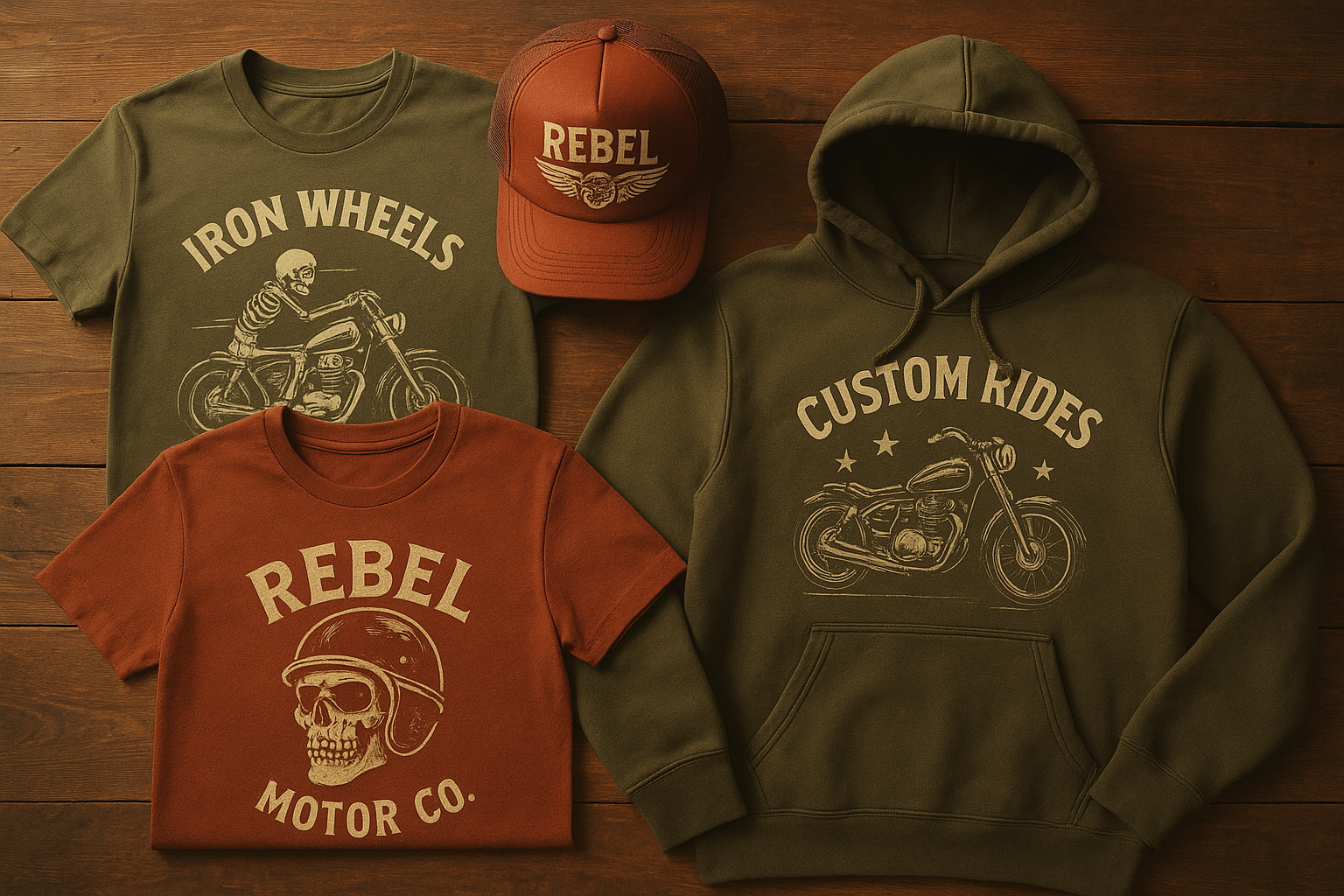 Flat lay of personalized clothing options including a custom t-shirt, hoodie, and cap
