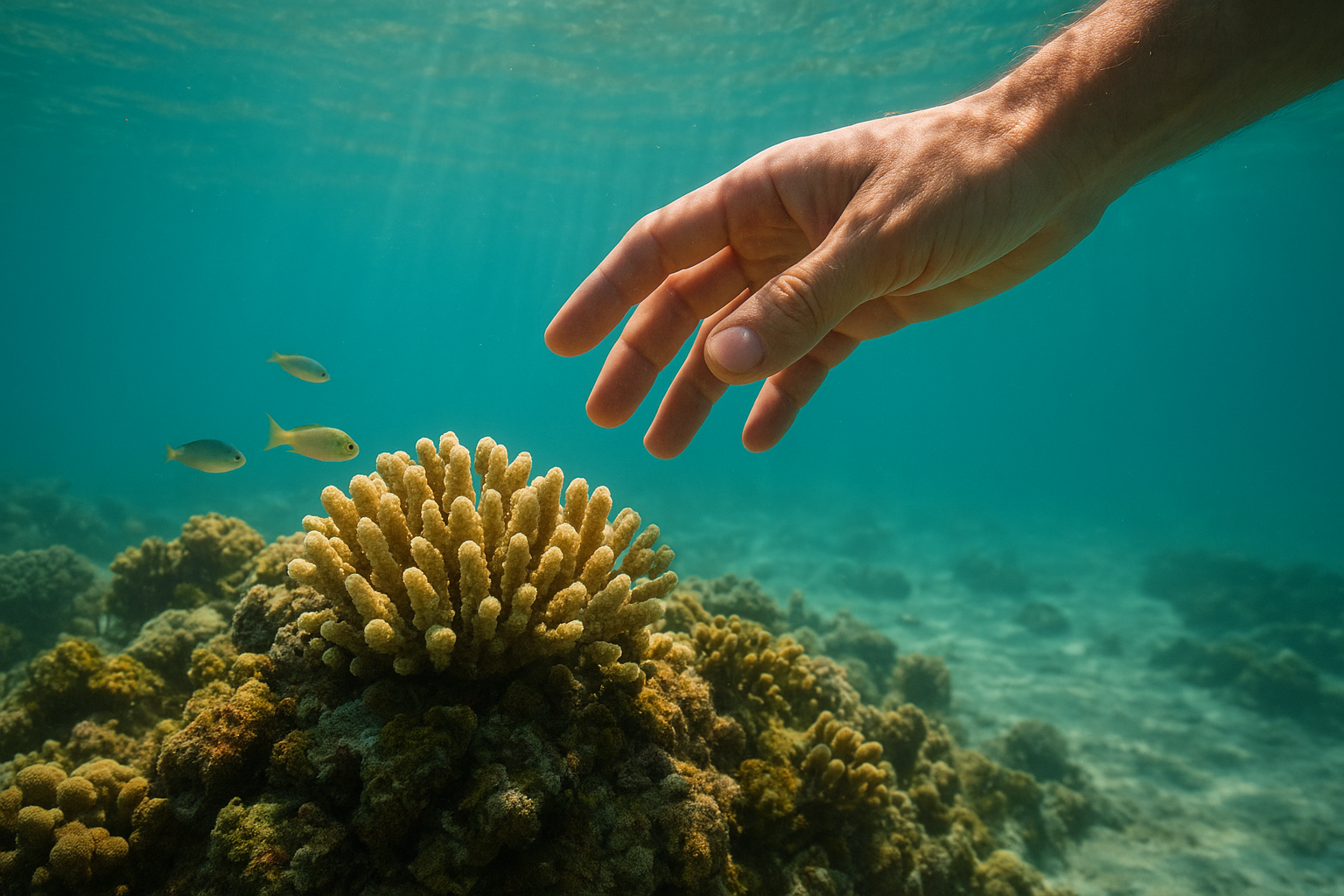 Student practicing reef-safe behavior near coral during a marine conservation lesson