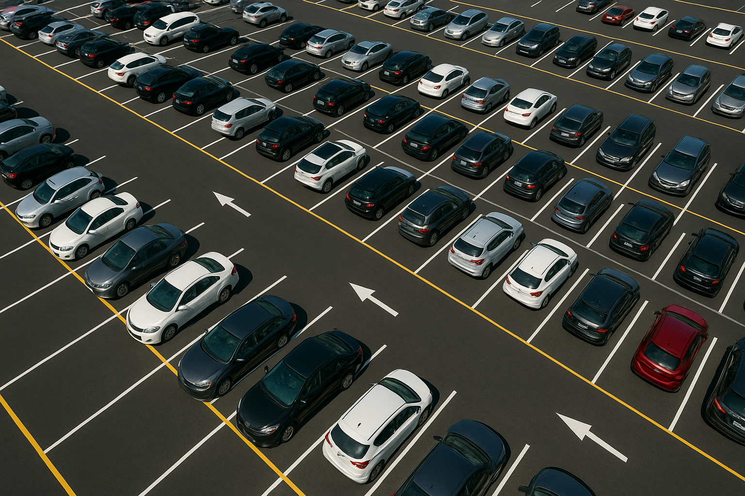 Aerial view showing striping for event parking guiding rows of vehicles at an outdoor venue