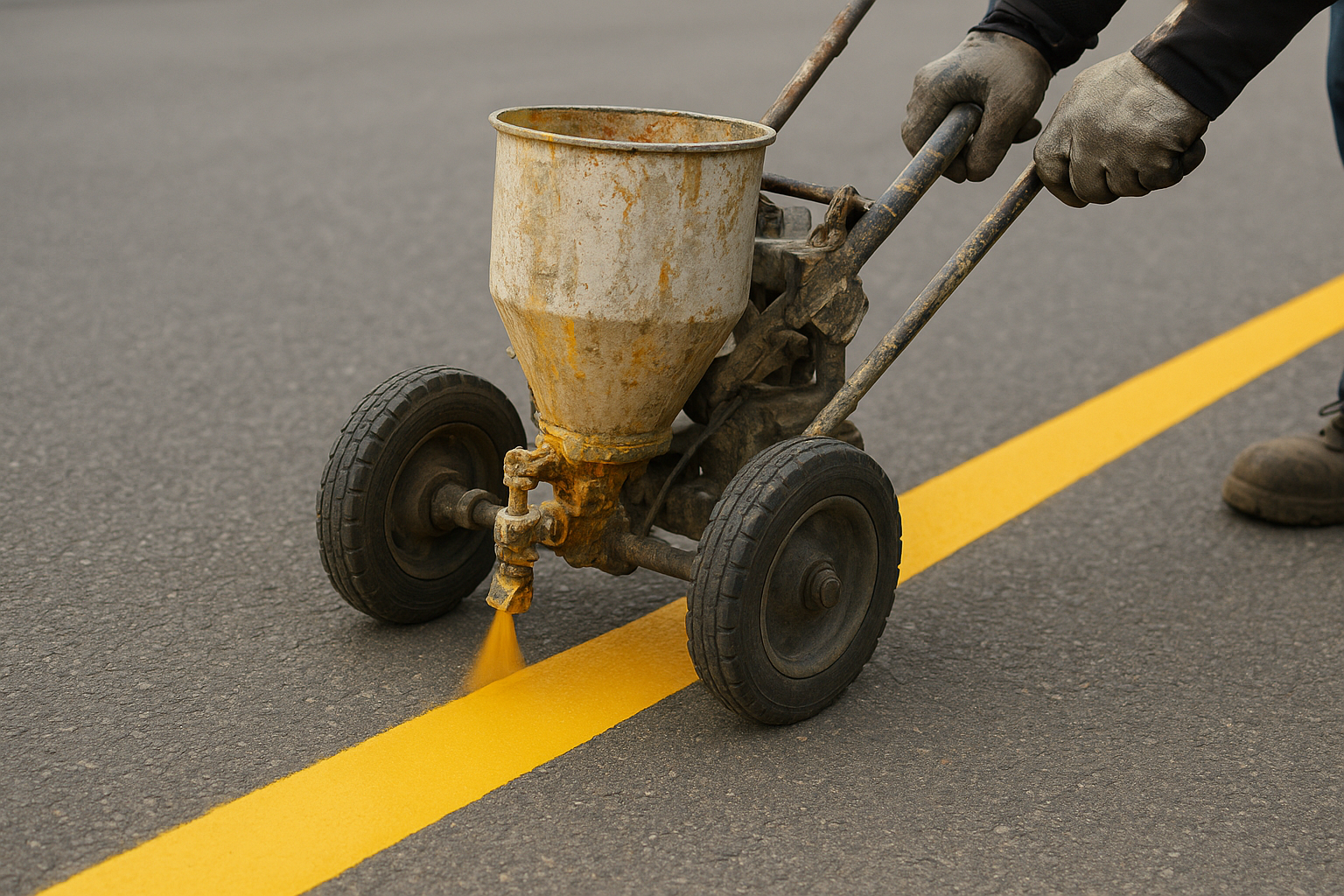 Line striping machine applying a fresh painted line on commercial asphalt pavement