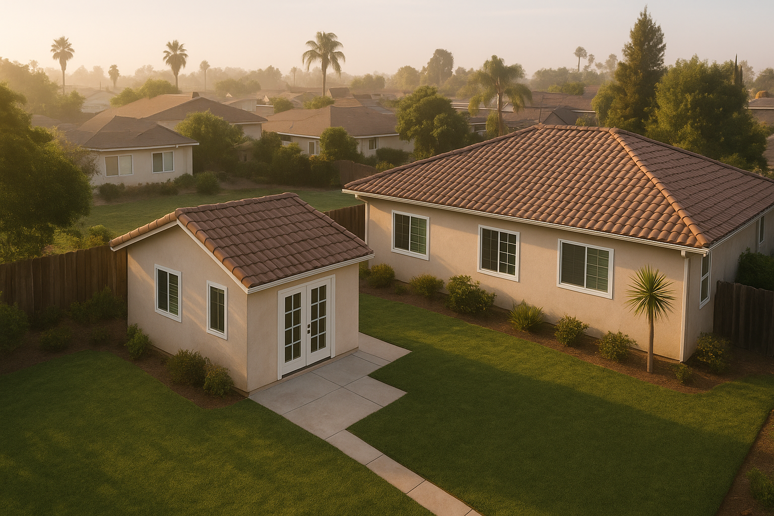 Aerial view of a prefab ADU guest house built behind a main home in Southern California