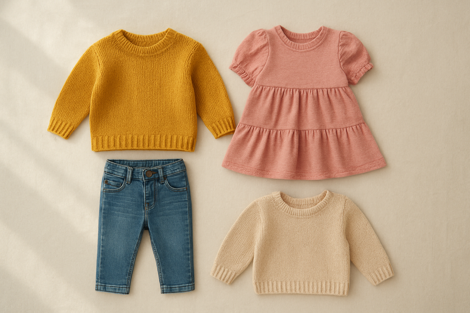 Curated trendy children's clothing membership bundle laid out on cream linen background