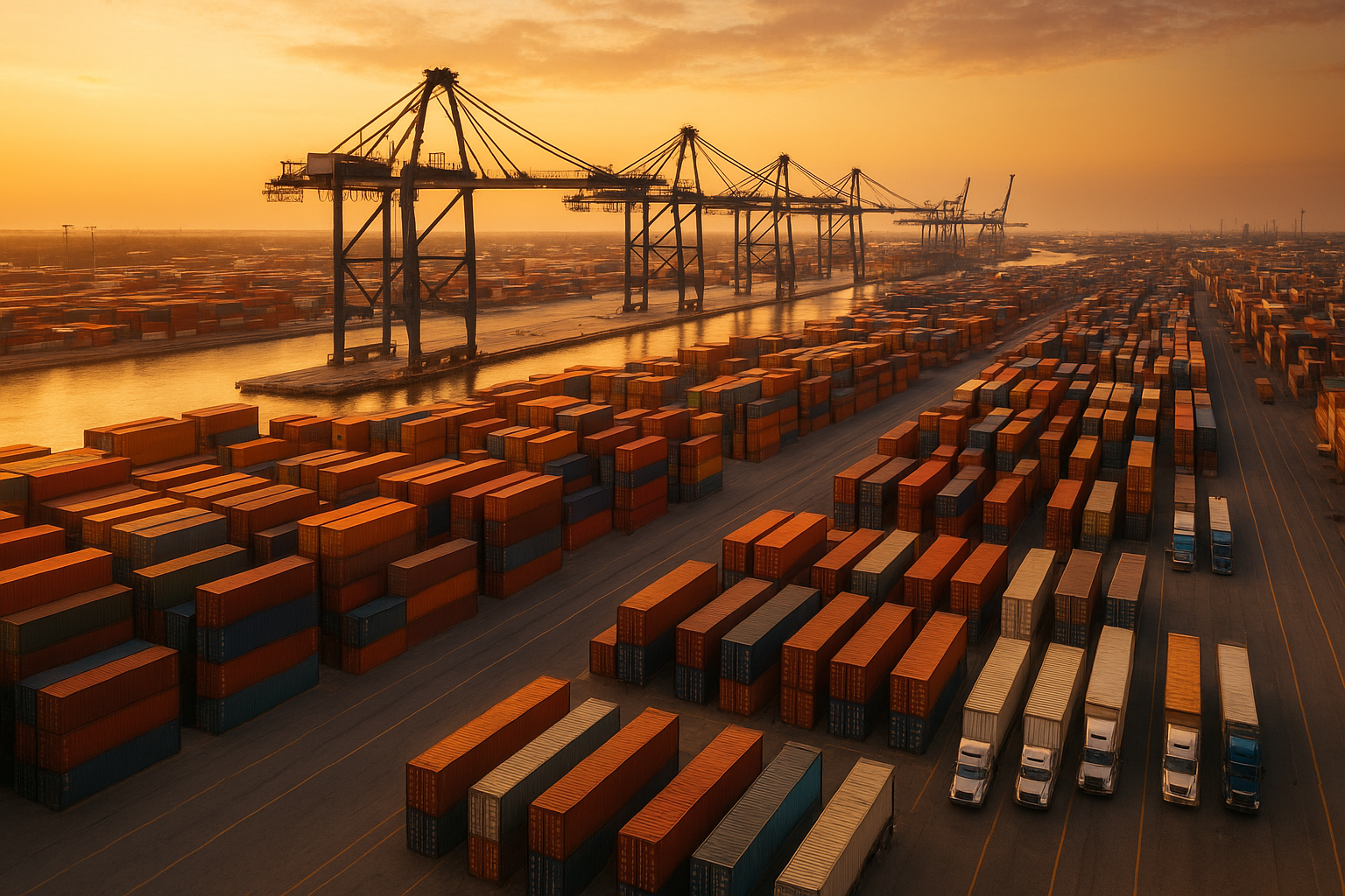 Port cranes and trucks loading containers as part of southeastern freight shipping operations