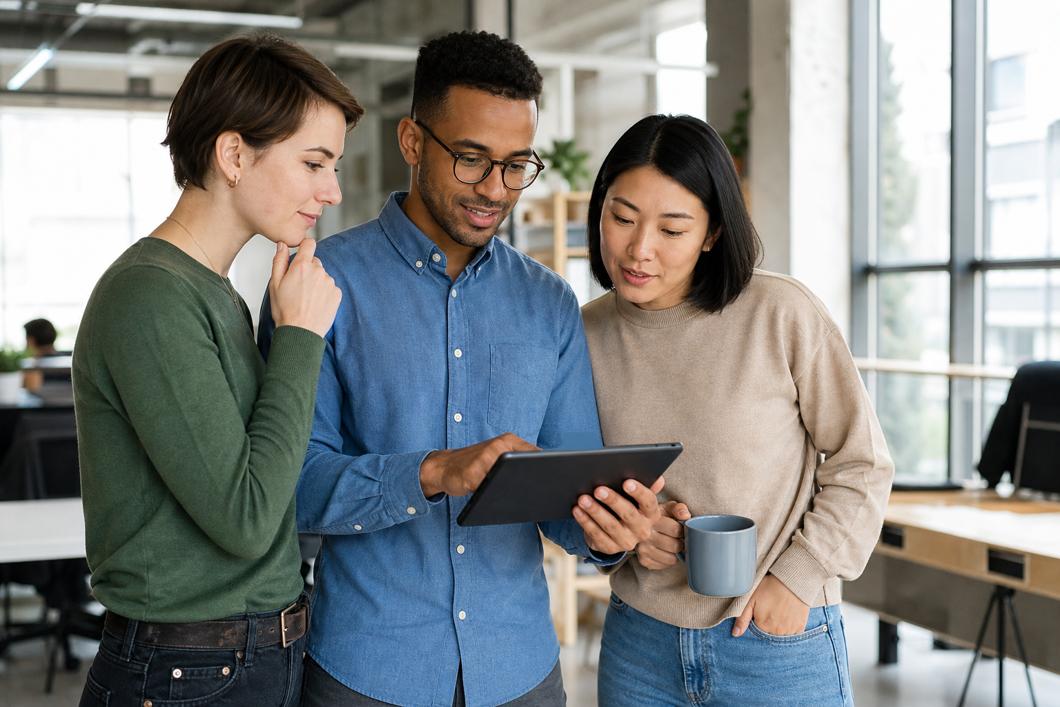 Small business team collaborating using operations software to review shared client files