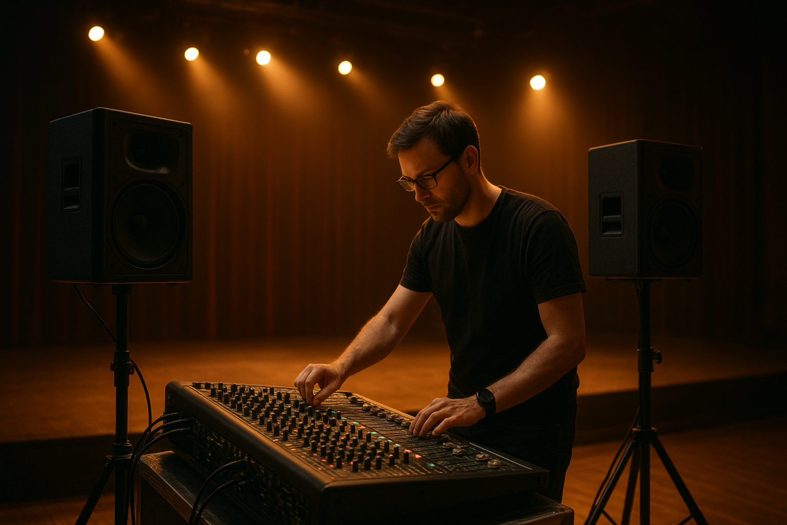 AV technician testing reliable event AV equipment before a wedding reception