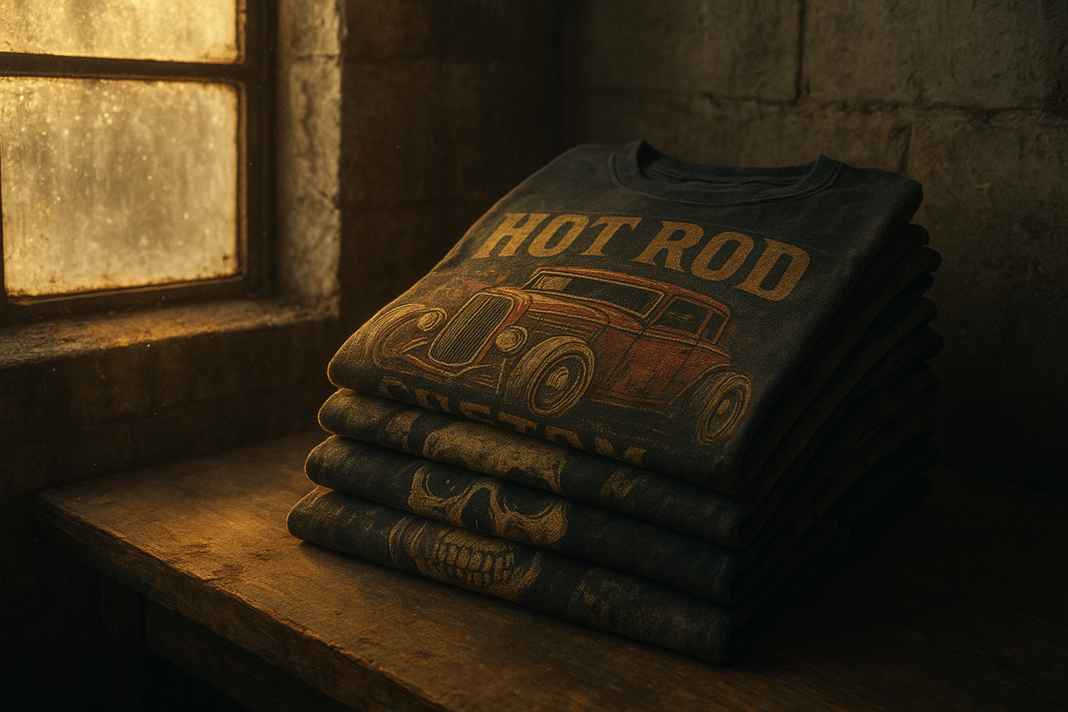 Folded rat rod shirts with vintage hot rod graphics on a garage shelf