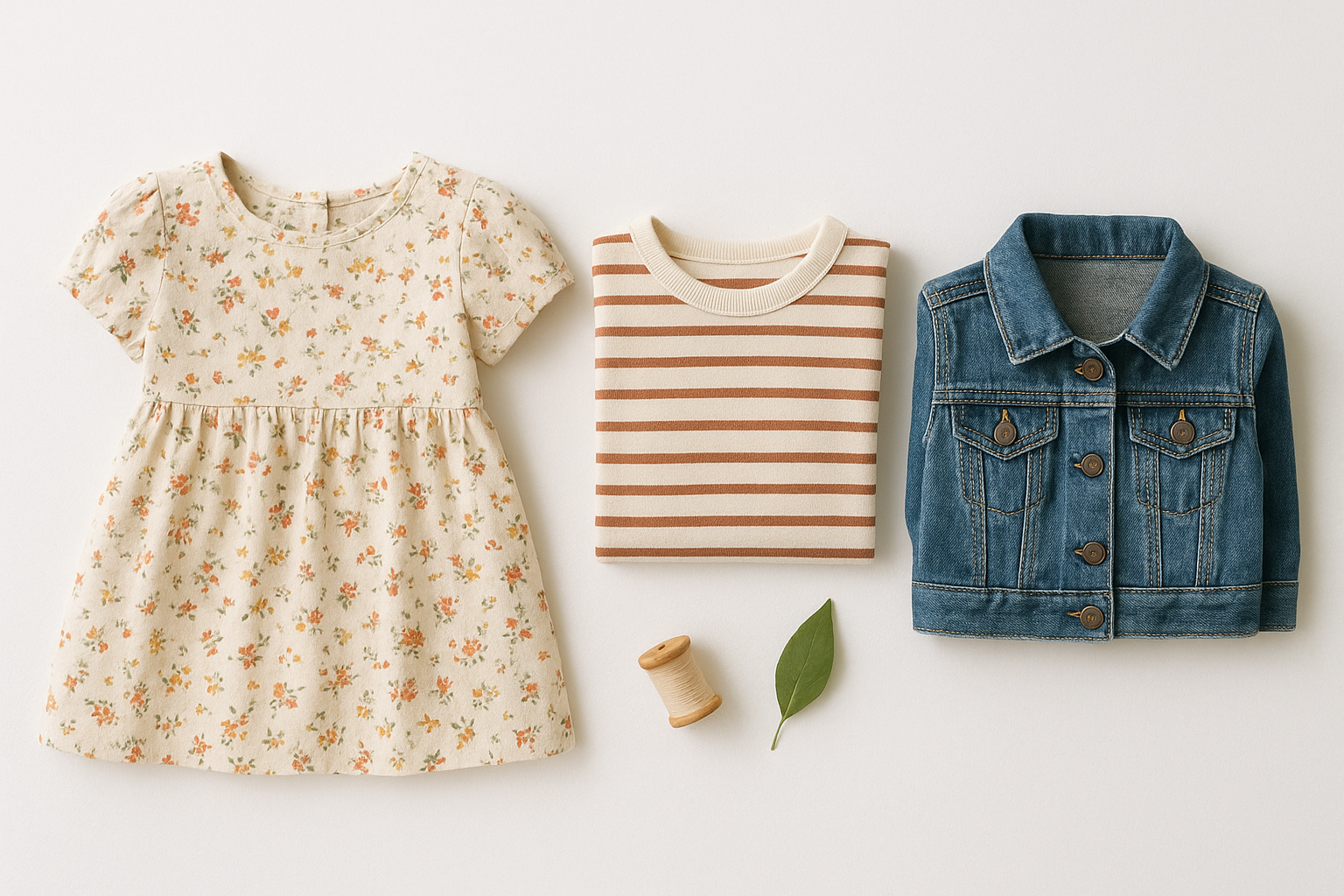Flat lay of seasonal children's clothing items available through an affordable kids fashion rental plan