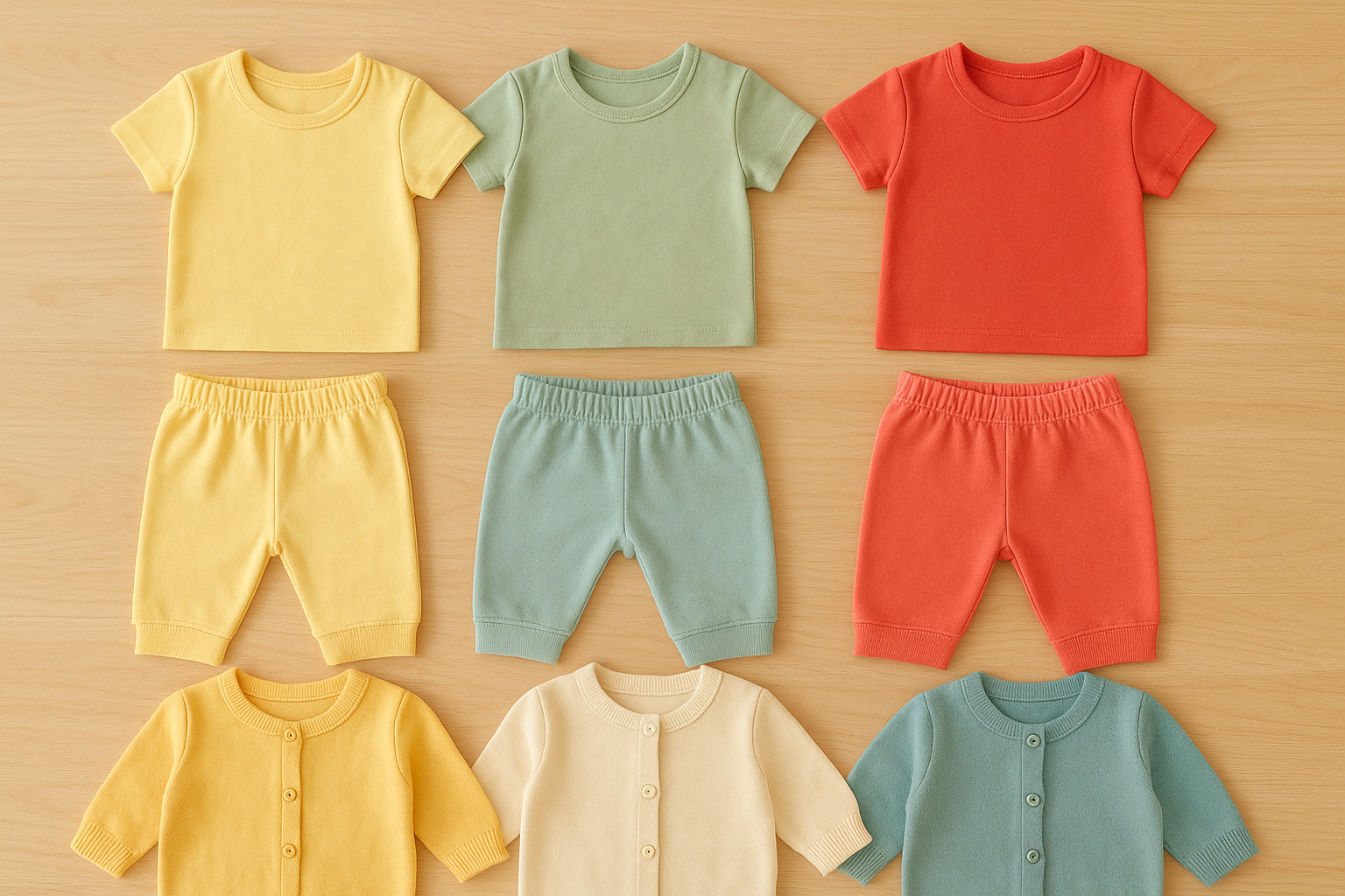 Flat lay of children's clothing bundles organized by size for a changing wardrobe rental for kids service