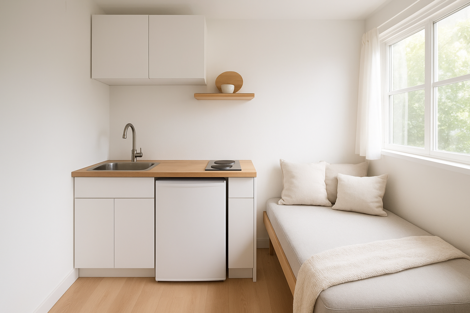 Efficiency kitchen and living area inside a completed JADU conversion