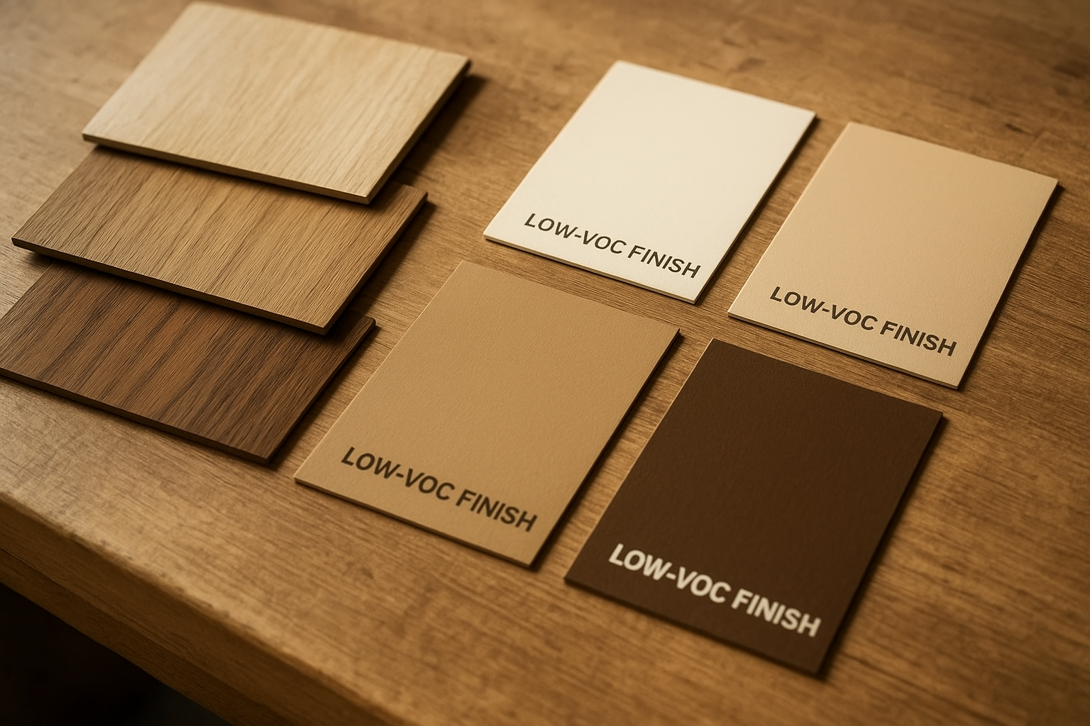 Sustainable wood veneer and low-VOC finish samples used for green cabinet refacing