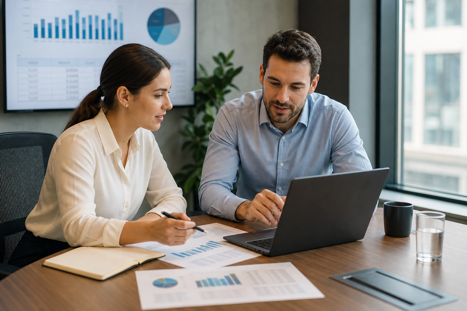 HR team members discussing payroll reports during a coordination meeting