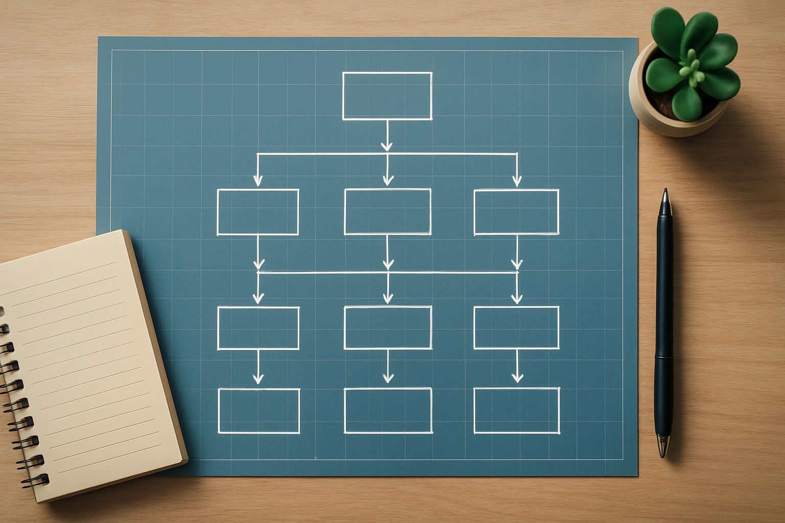 Organisational frameworks blueprint diagram on a desk showing interconnected roles and reporting lines