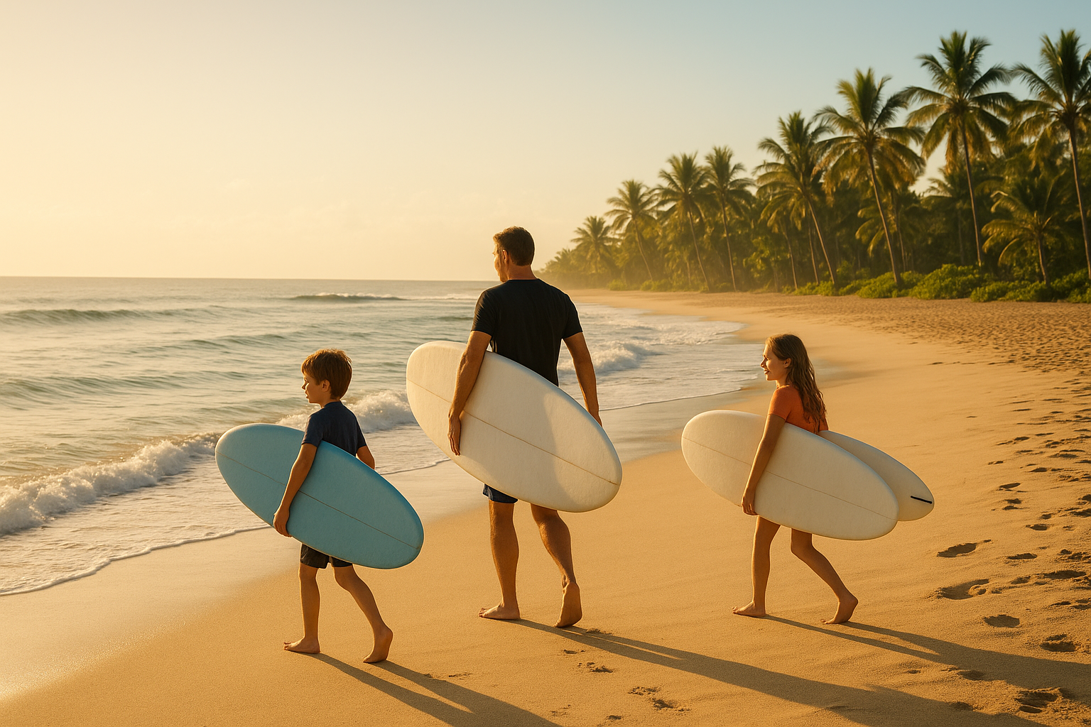 Family carrying surfboards toward gentle waves during surf lessons for vacationing families Waikiki