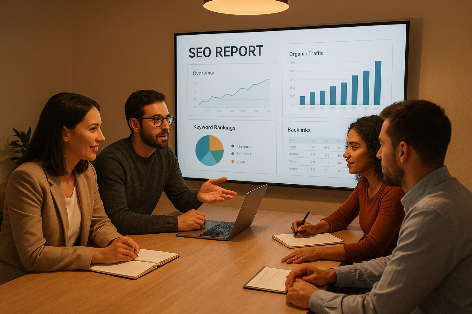 Marketing team reviewing automated reports generated by white label SEO software