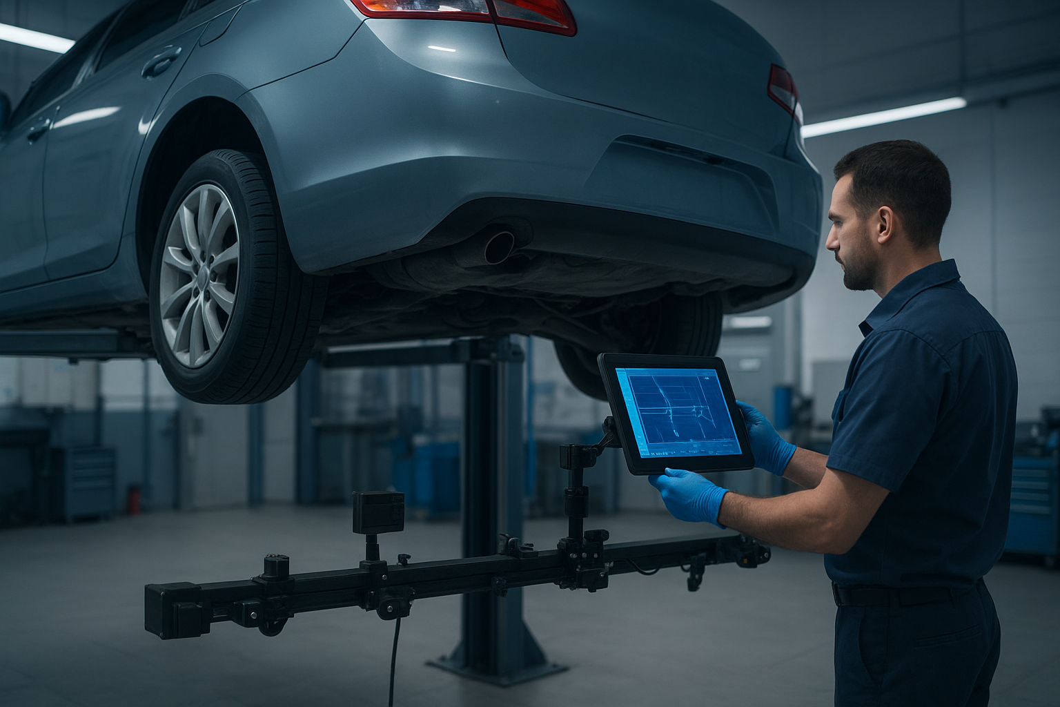 Certified technician inspecting an imported vehicle's frame after a collision