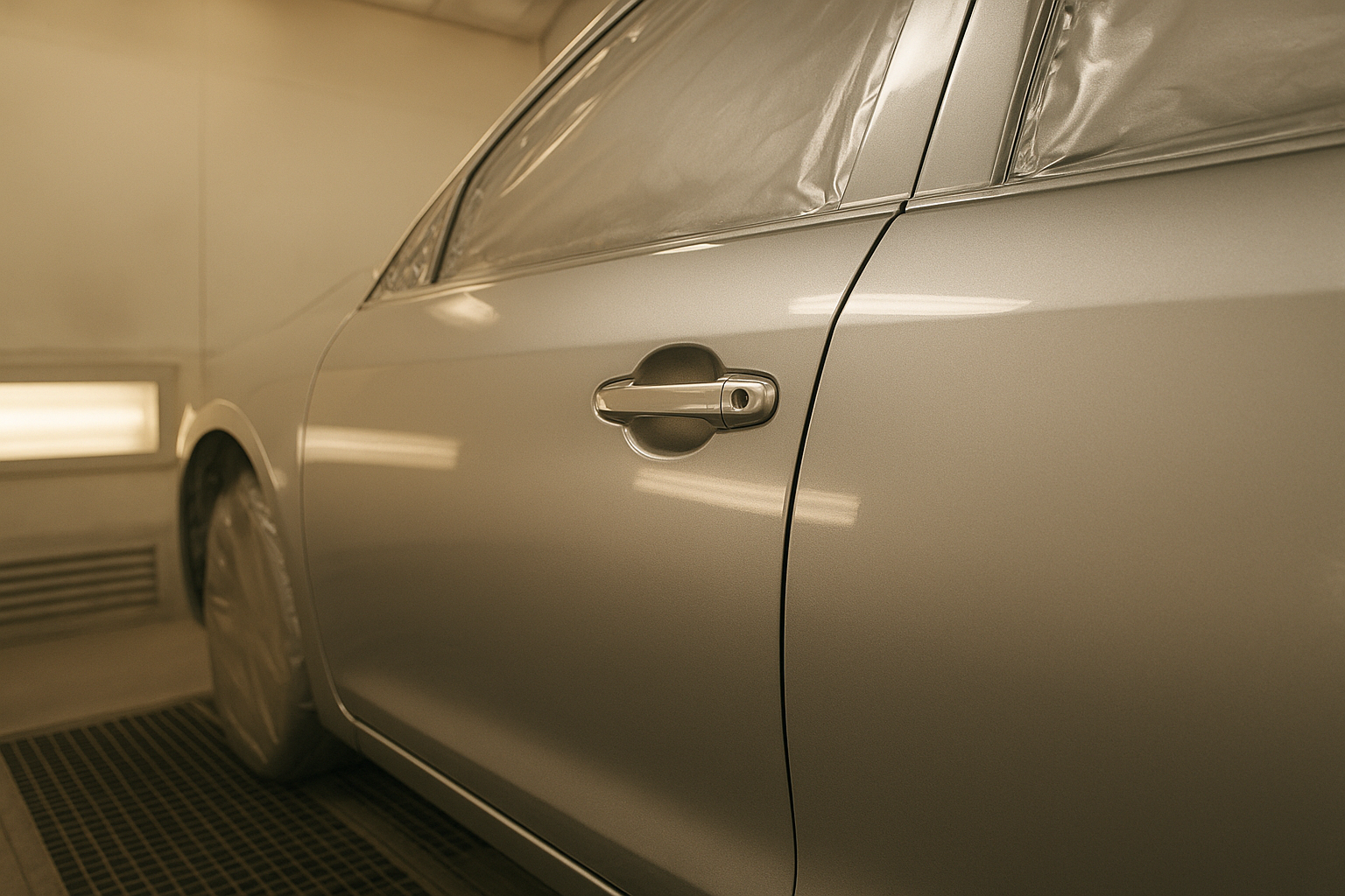 Freshly painted car door panel showing high-quality auto body paint work at a Brea collision repair shop