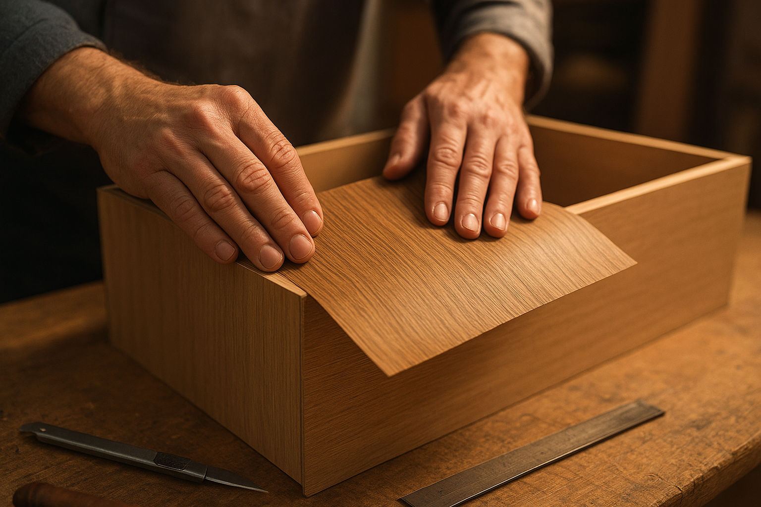 Craftsman applying wood veneer during the cabinet refacing process