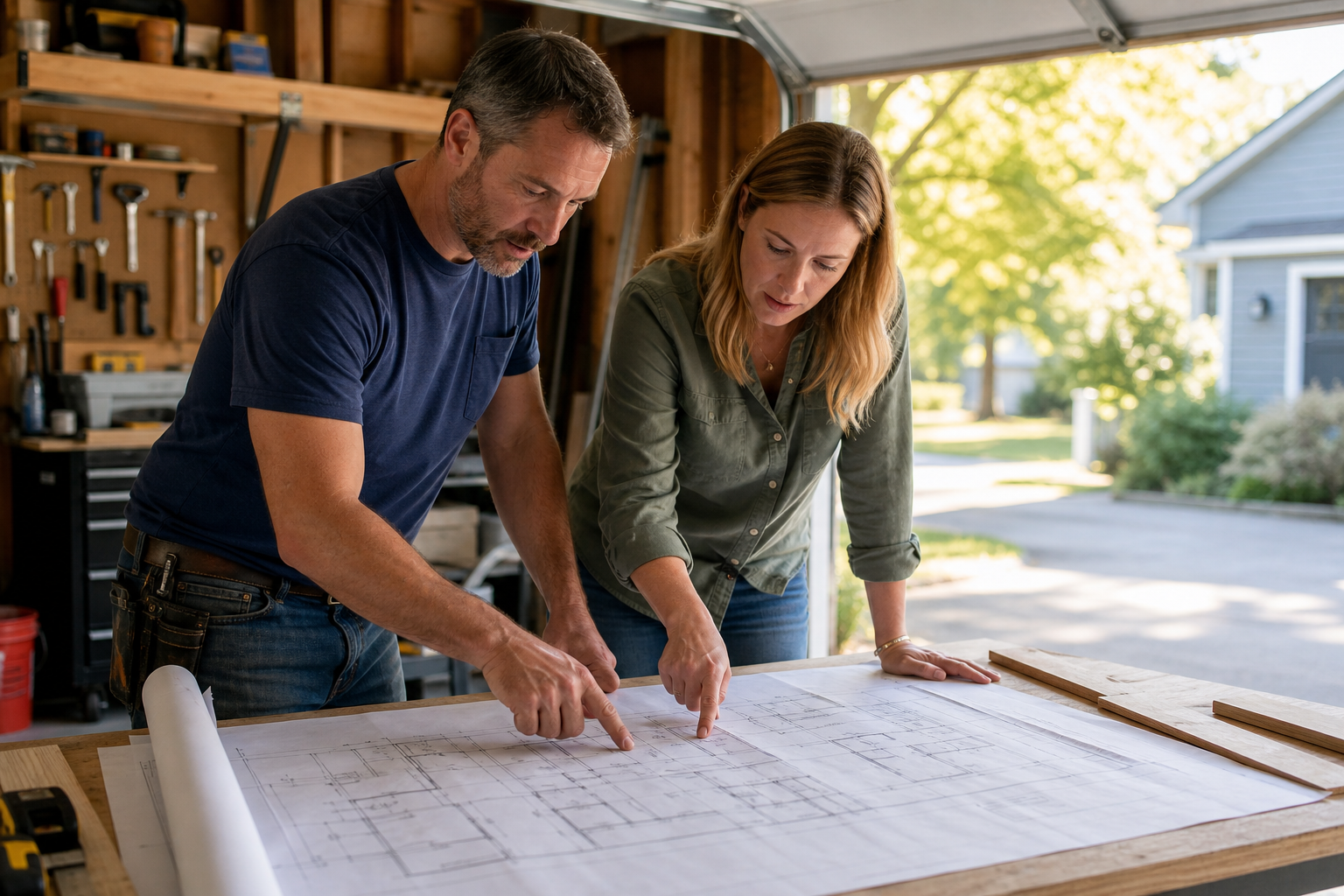 Homeowner and contractor reviewing floor plans with junior ADU design build experts in a garage space