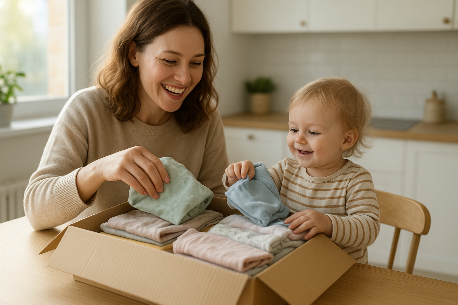 Family unboxing a monthly shipment from an affordable kids fashion rental service