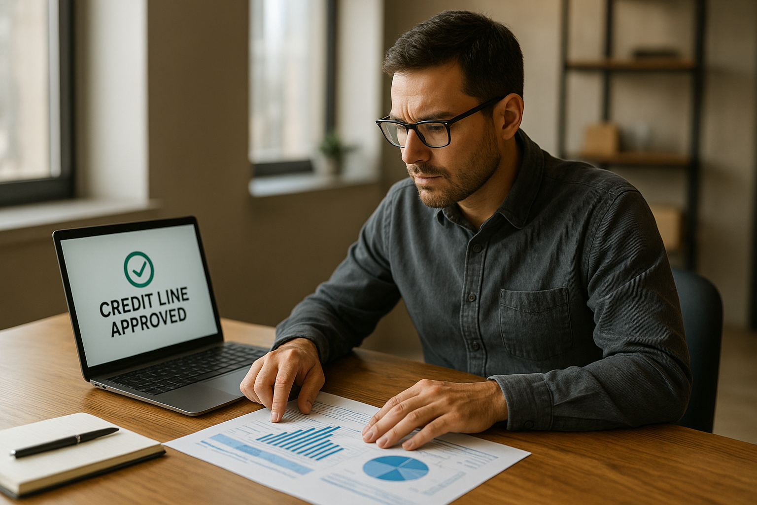 Small business owner reviewing business line of credit lending USA approval details on a laptop
