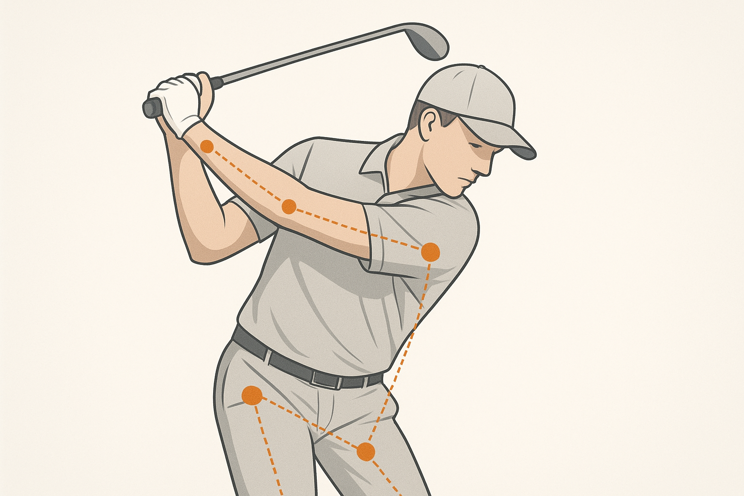 Kinesiology-based diagram showing joint movement tracking during a golf swing